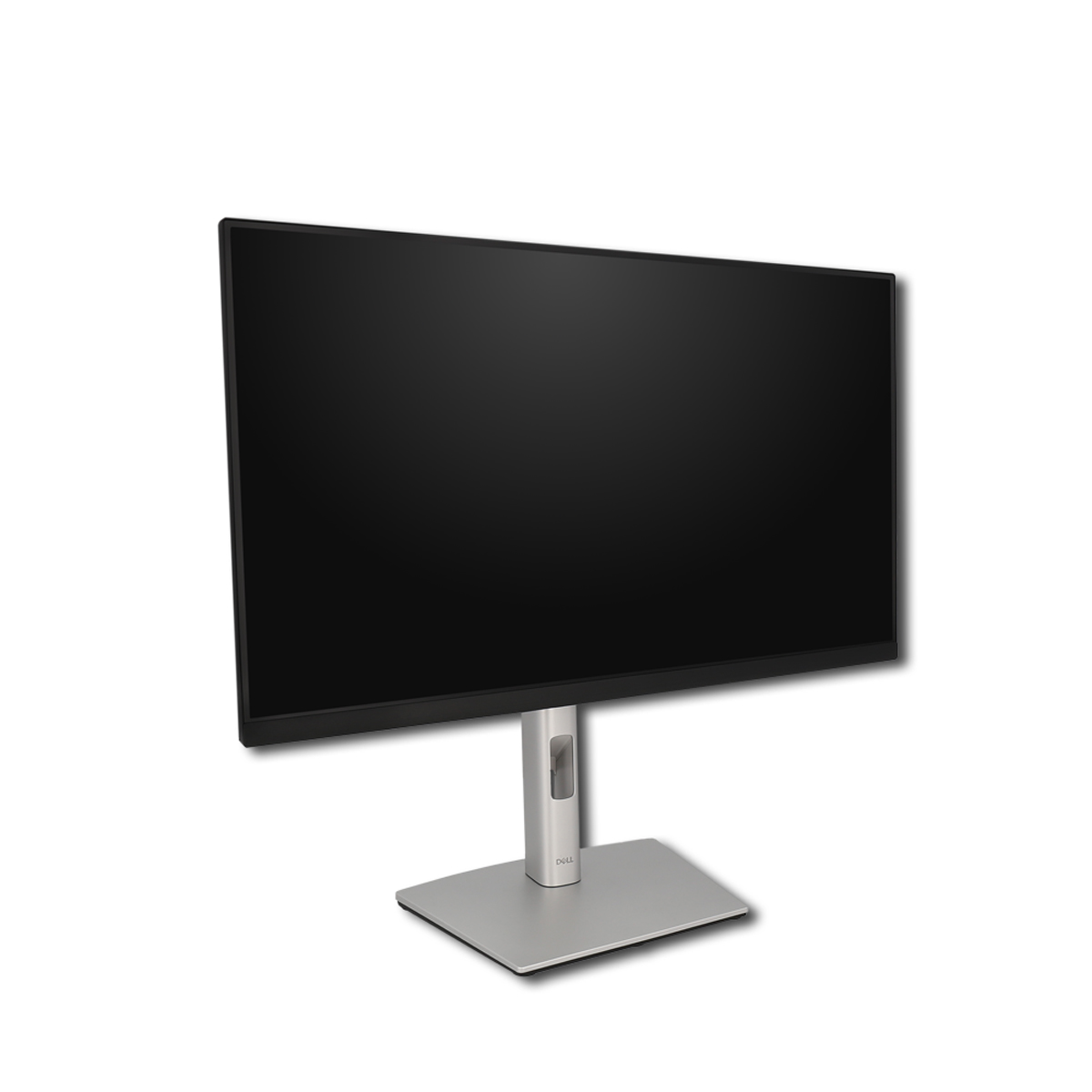 Dell-Monitor mit schwarzem Bildschirm, silbernem Ständer und weißem Hintergrund.
