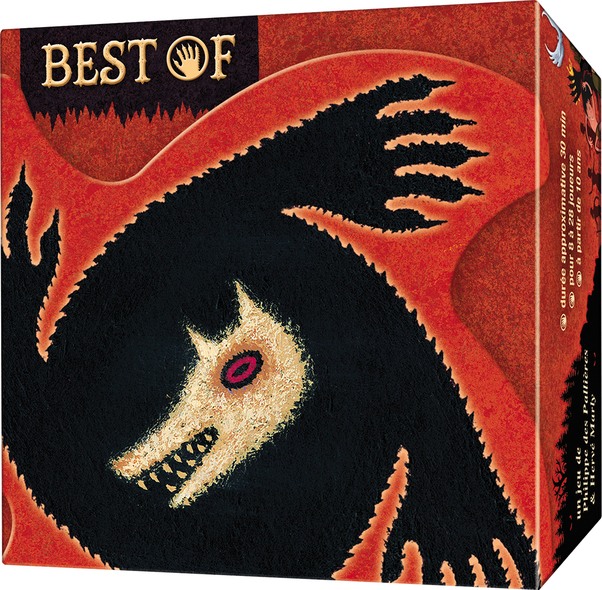 Scatola di gioco con illustrazione di lupo su sfondo rosso e testo 'BEST OF'.