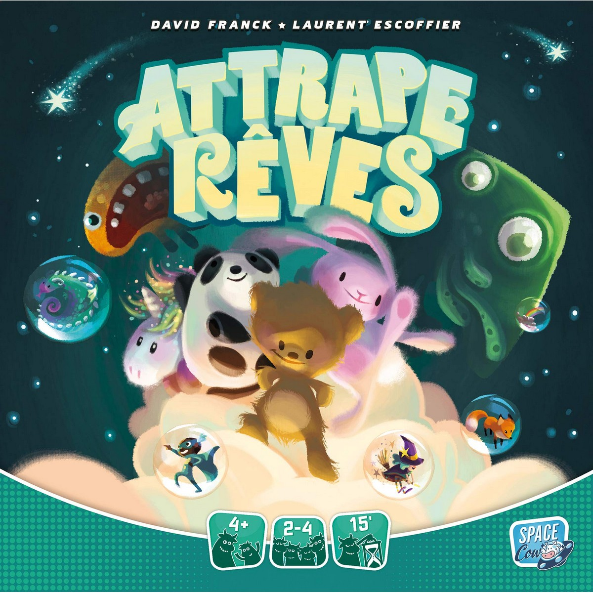 Scatola del gioco da tavolo intitolata "Attrape Rêves" con personaggi dei cartoni animati. La scatola è blu scuro con illustrazioni colorate.