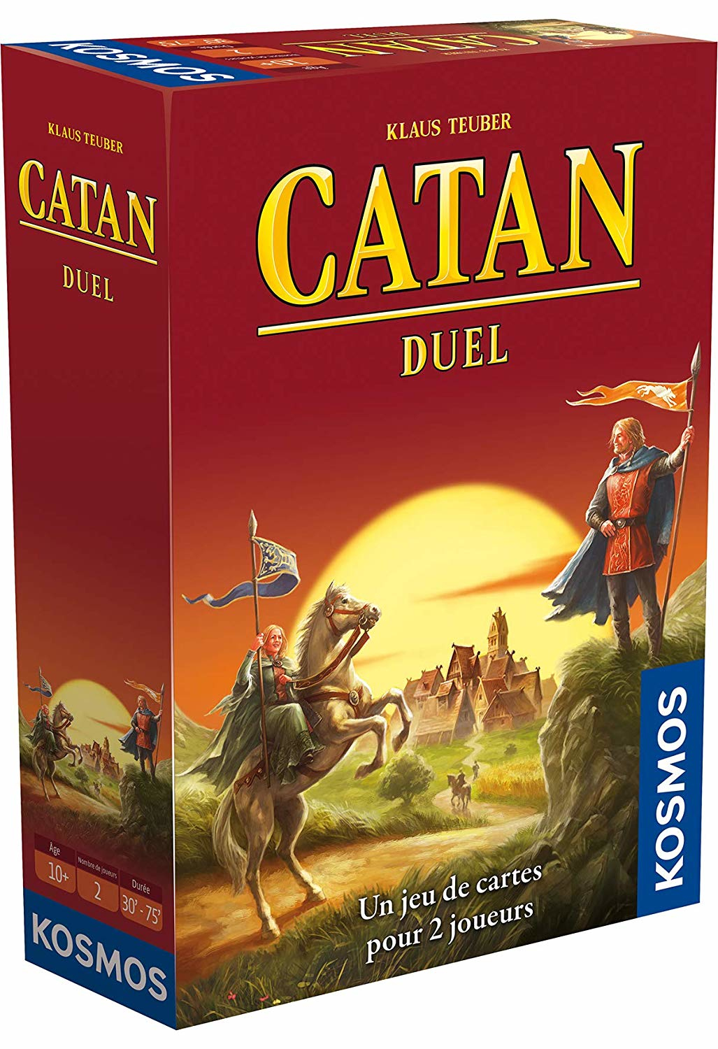 Catan Duel Brettspielbox, Charaktere auf einem Pferd und ein Dorf im Hintergrund.