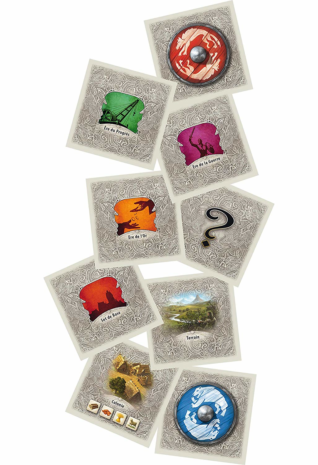 Karten aus einem Brettspiel. Auf den Karten befinden sich Bilder verschiedener Symbole.