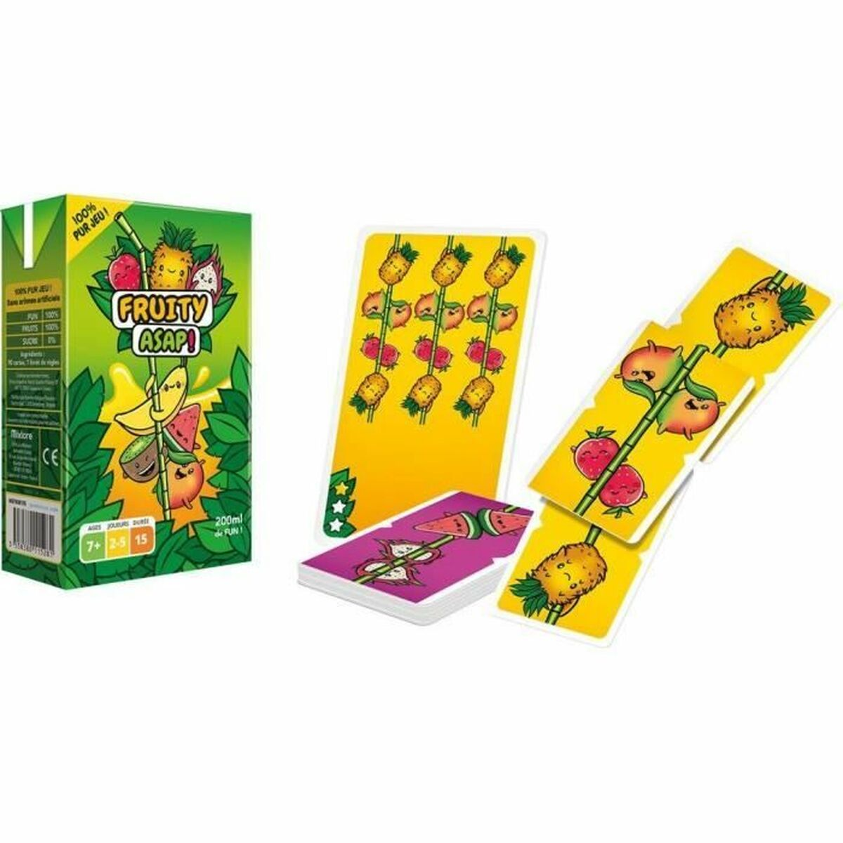 Eine Saftbox und Spielkarten. Karten haben Fruchtabbildungen. Die Saftbox hat Fruchtabbildungen und sagt 100% reiner Saft.