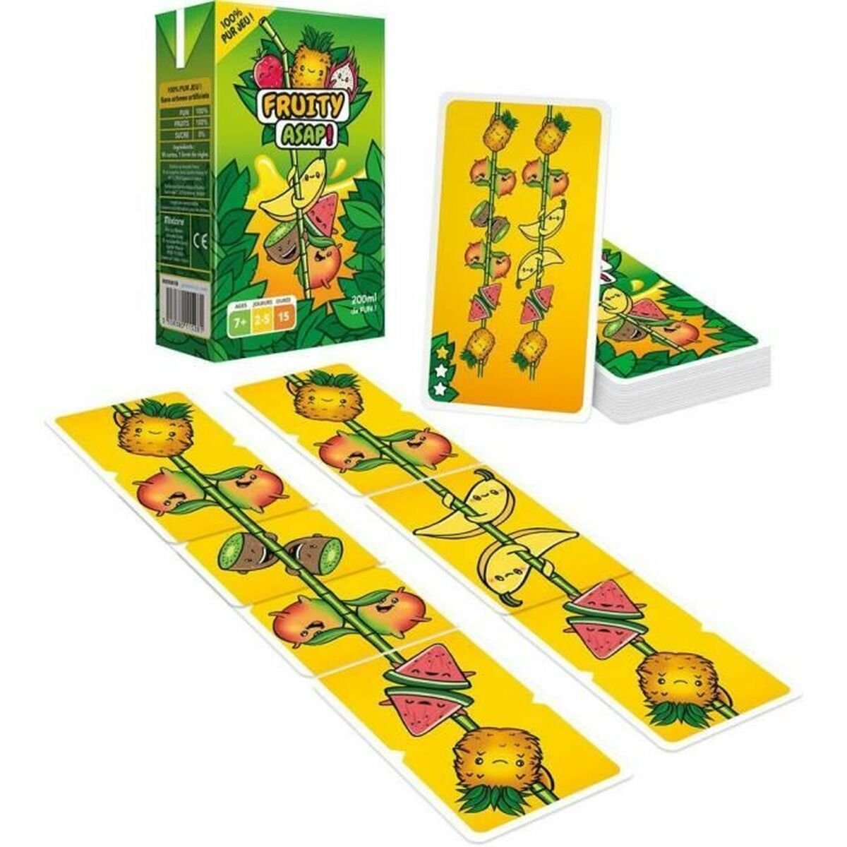 Spielkarten eines Spiels mit Obstmotiven. Links ist eine Saftbox. Karten sind gelb und zeigen verschiedene Früchte.