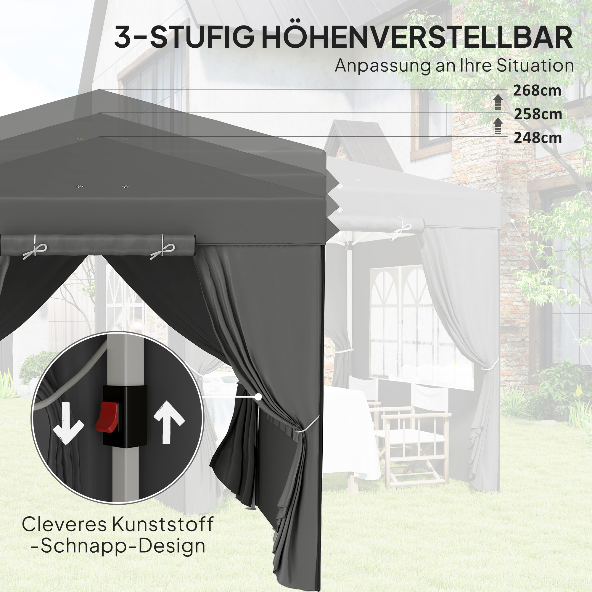 Teilansicht eines grauen Pavillons mit Text, der verstellbare Höhenstufen angibt.