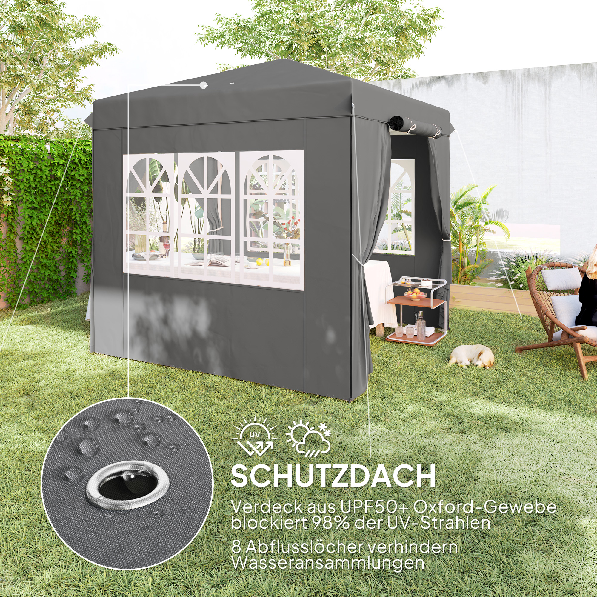 Grauer Pavillon mit Fenstern. Text über UV-Schutz. Wassertropfen auf dem Dach. Ein Hund und eine Frau im Hintergrund.