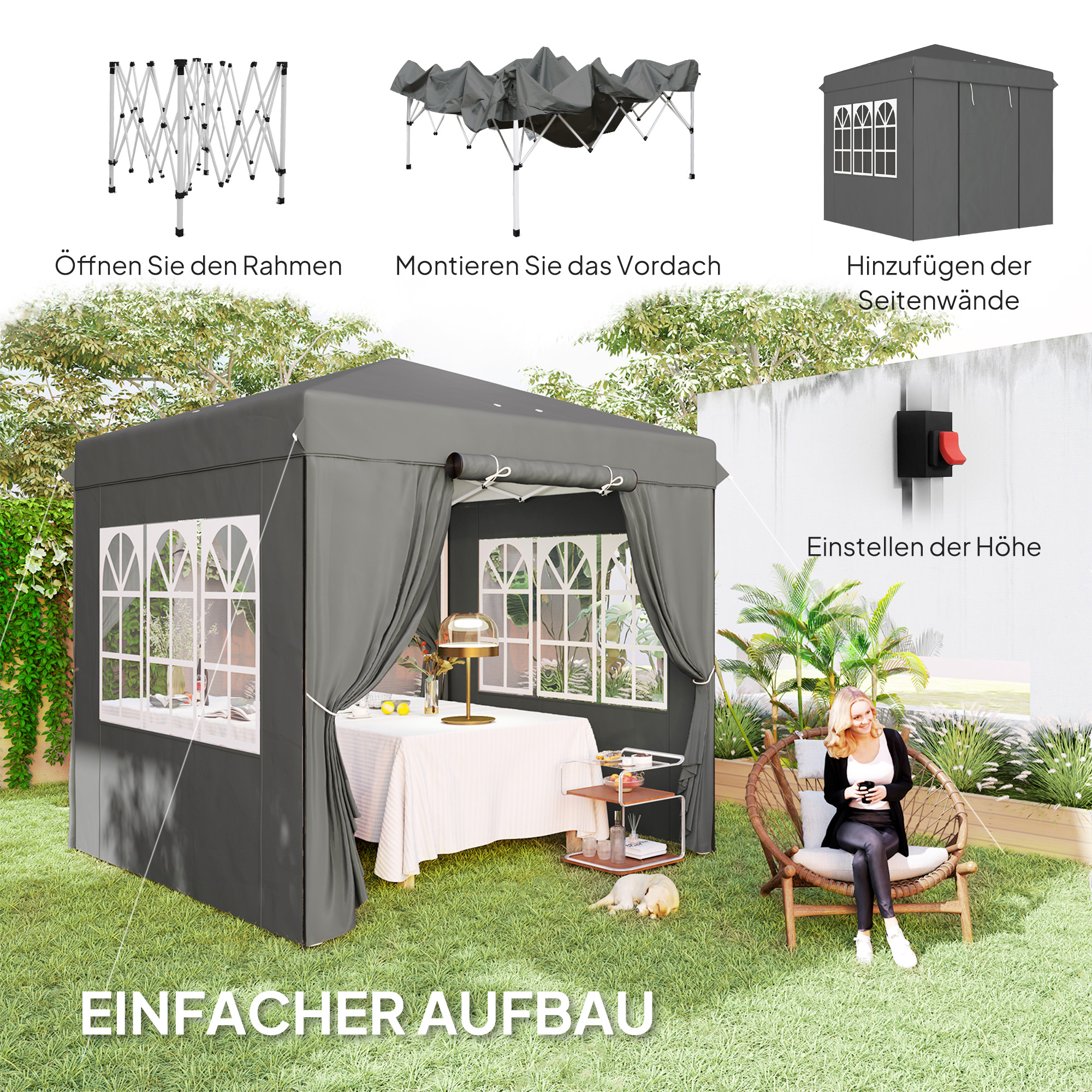 Ein grauer Pavillon wird zusammengebaut. Anweisungen zum Öffnen des Rahmens, Montieren des Daches und Hinzufügen.