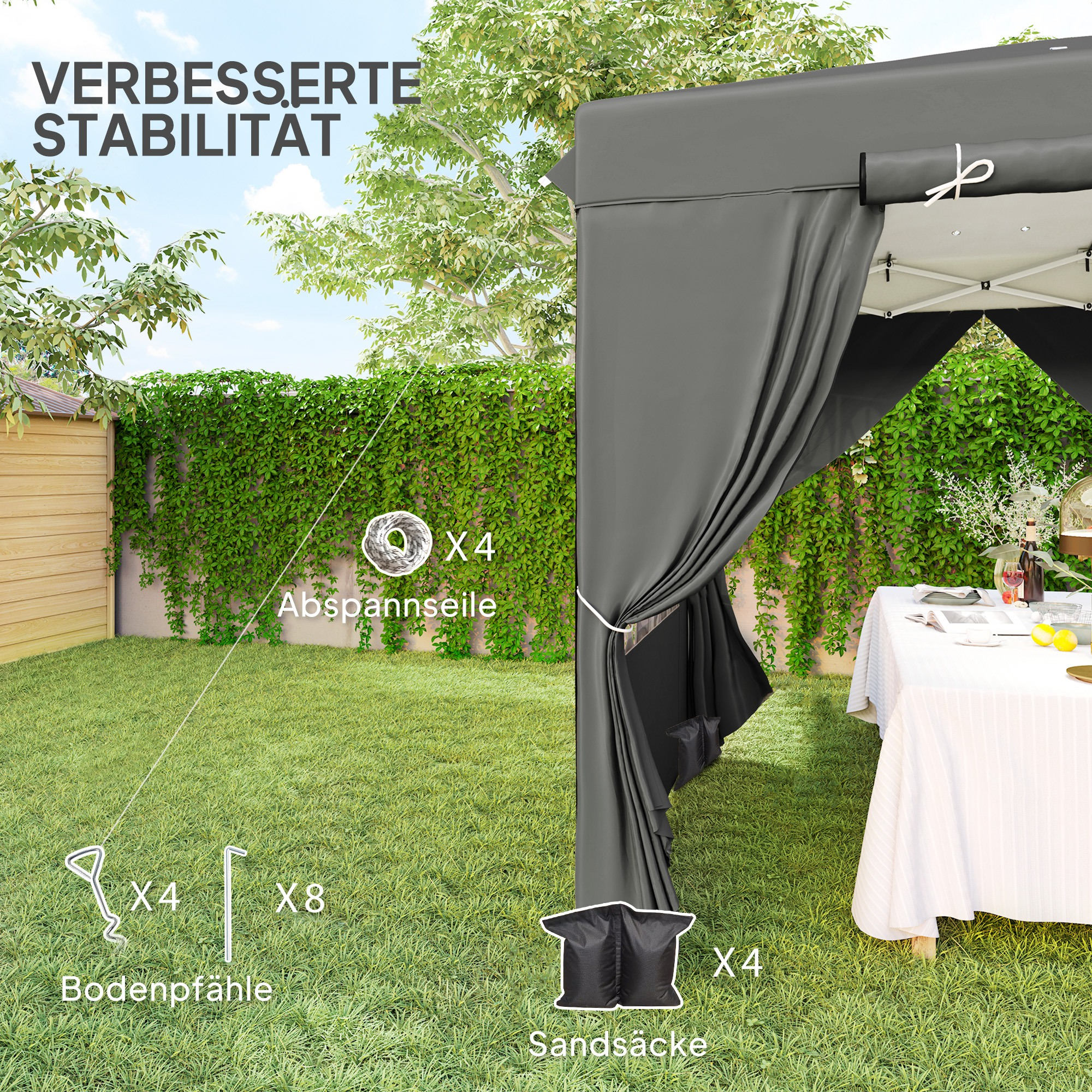 Ein Pavillon mit Vorhängen und Stützmaterialien auf grünem Gras. Text weist auf Stabilität und Teile hin.