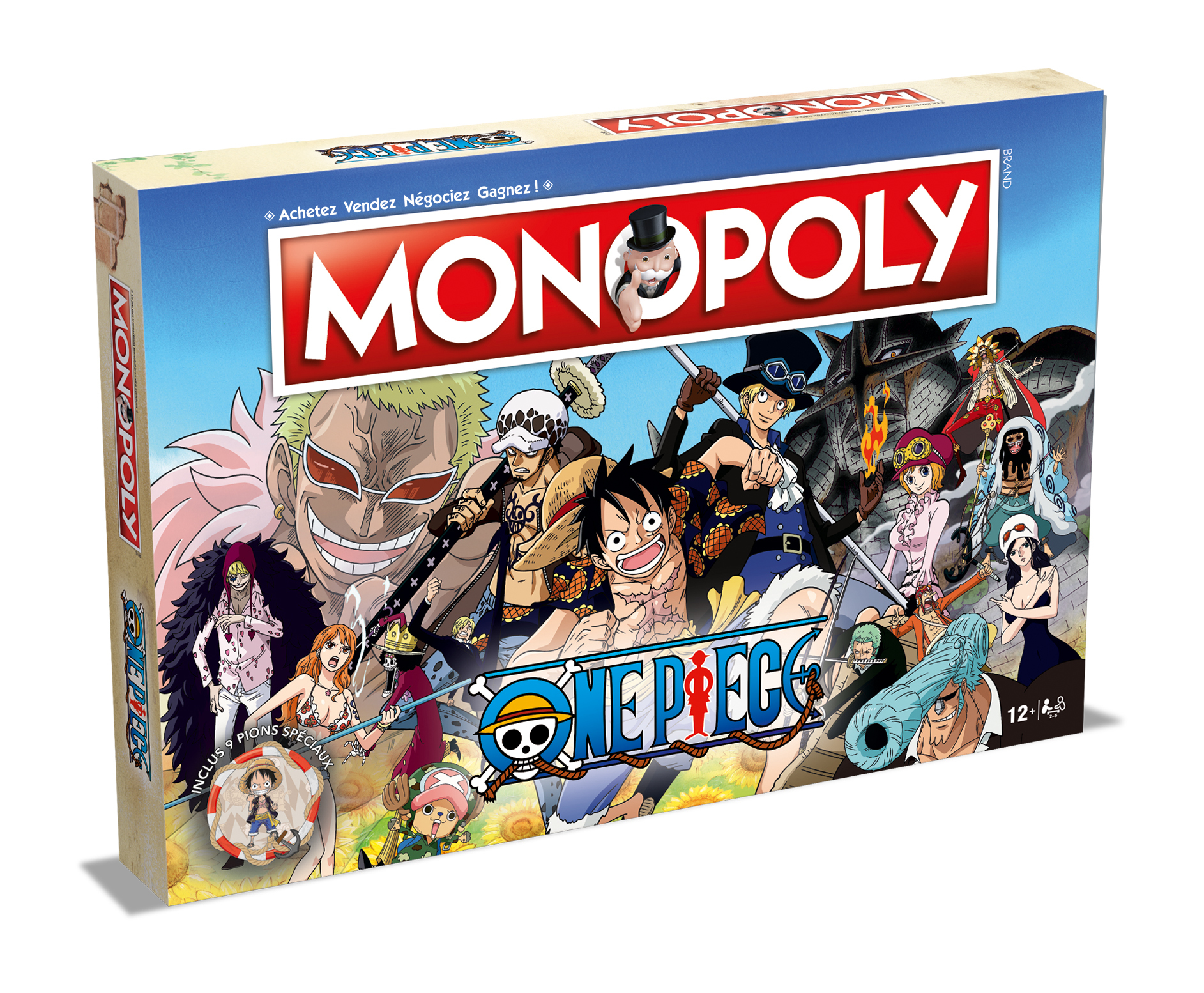 Monopoly-Brettspielbox mit One Piece-Charakteren und -Logo. Die Box steht auf weißem Untergrund.