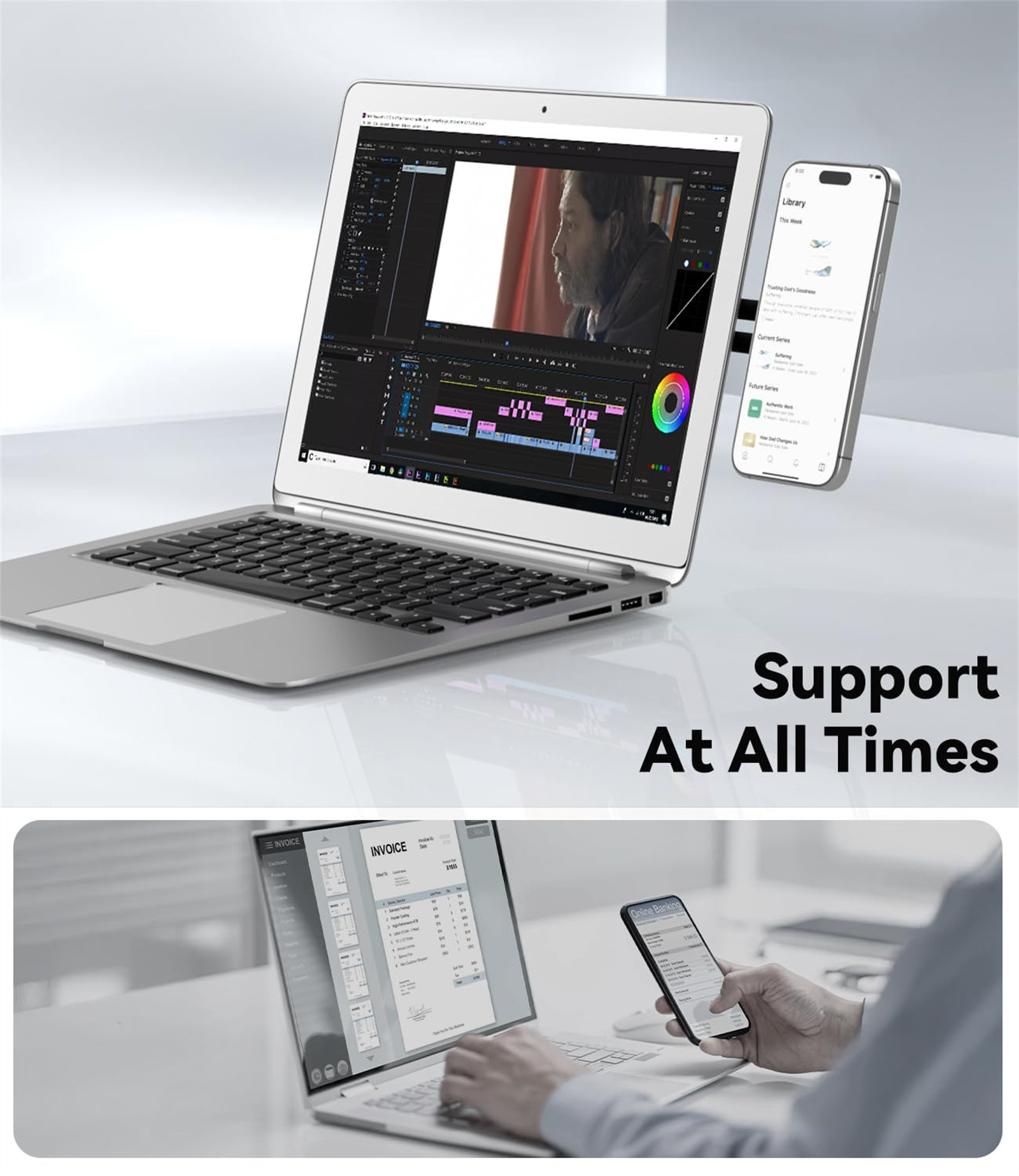 Laptop mit Videoschnittsoftware, Telefon mit Bibliotheks-App und Mann mit Telefon.