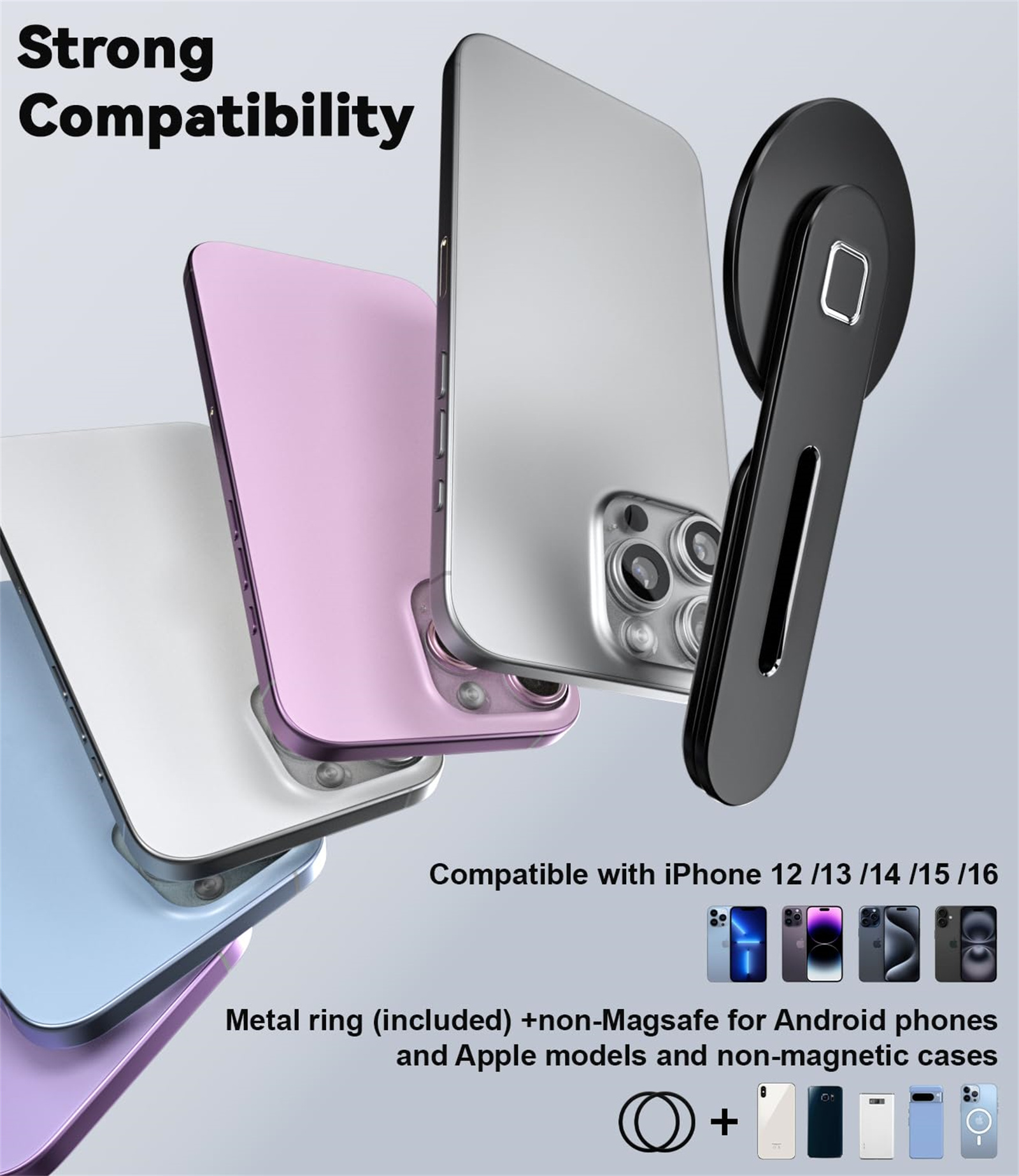 Handyhüllen in Blau, Weiß, Silber und Pink. Ein schwarzer MagSafe-Ring ist abgebildet. Text: Starke Kompatibilität.