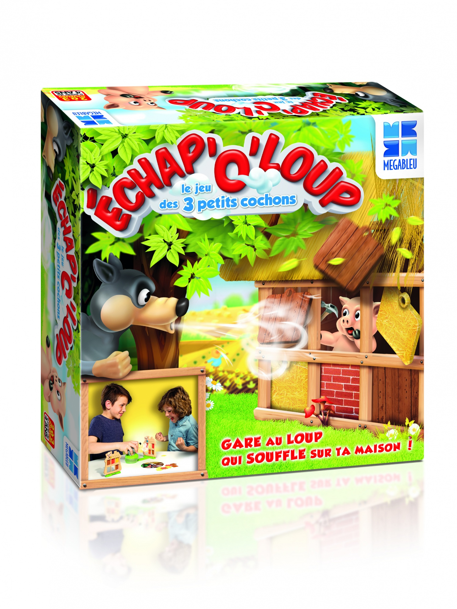 Scatola del gioco da tavolo. Il gioco si chiama Echap'C'Loup. La scatola mostra un lupo e tre maiali.
