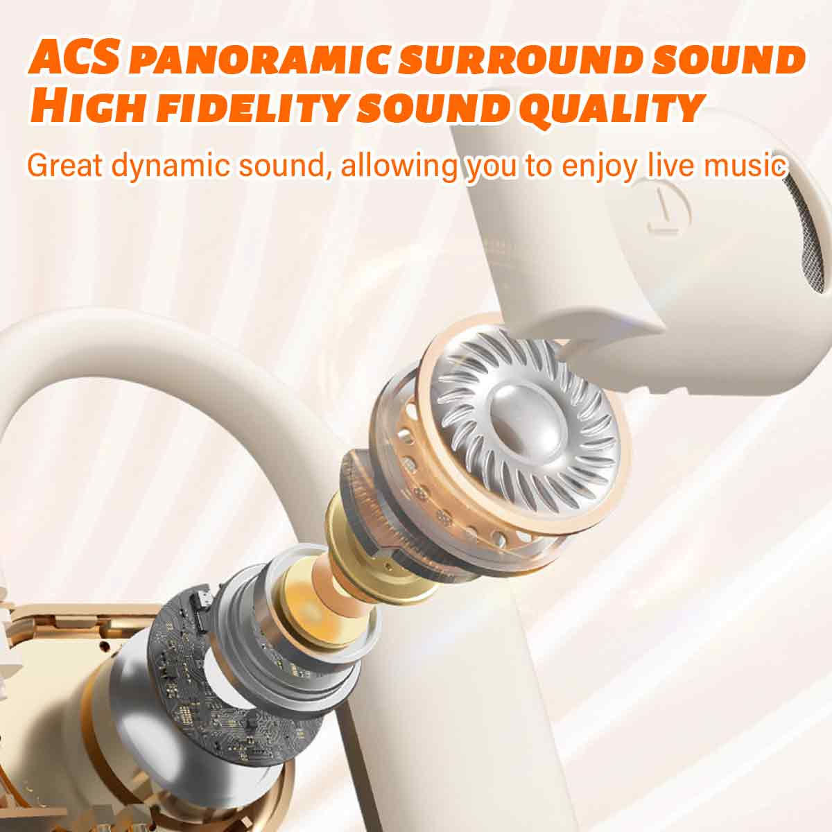 Ohrhörer-Ausschnitt. Beige. Teile des Ohrhörers werden gezeigt. Text: ACS PANORAMIC SURROUND SOUND QUALITY.