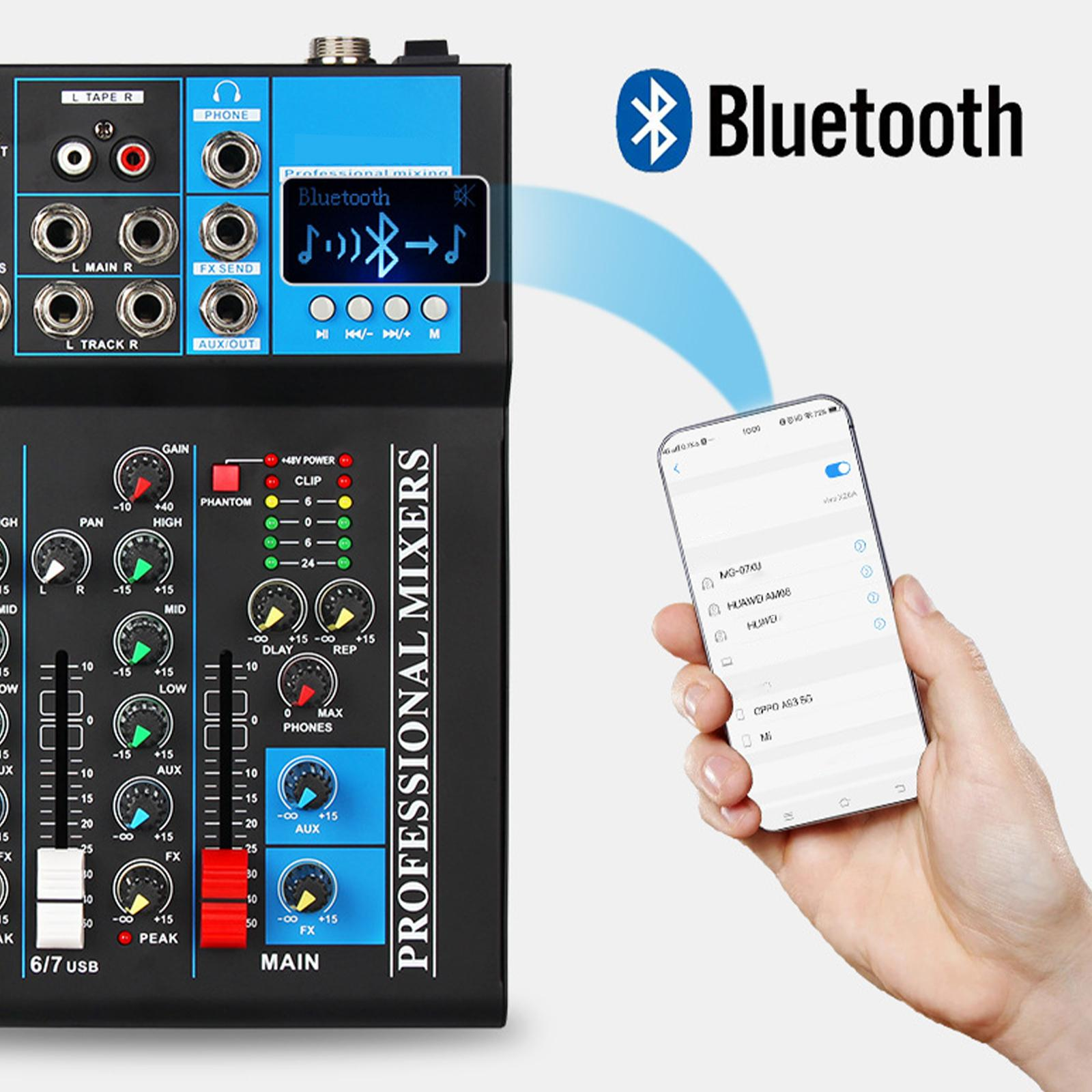 Soundmischer mit Bluetooth-Verbindung zu einem Telefon. Das Telefon zeigt die Bluetooth-Verbindungen an.