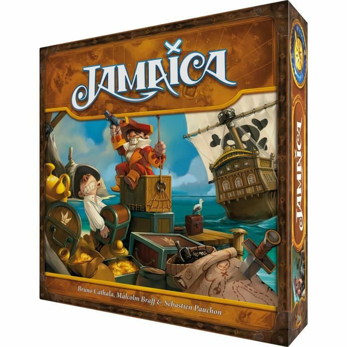Scatola del gioco da tavolo chiamata Jamaica. La scatola ha un tema pirata e una nave con un teschio.