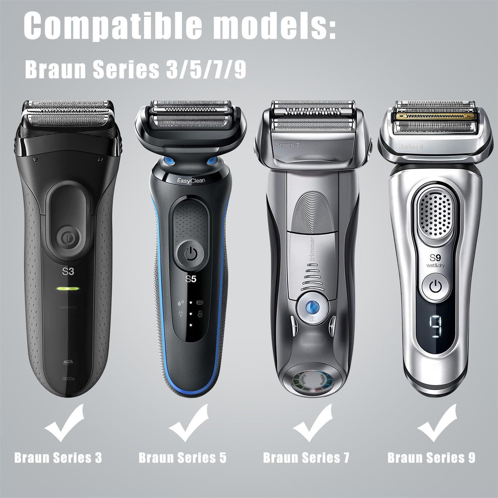 Vier elektrische Rasierer, Braun Series 3, 5, 7 und 9, mit Häkchen, auf weißem Hintergrund.