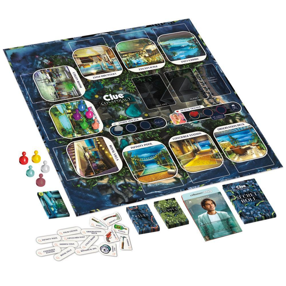 Ein Brettspiel mit Karten, Spielfiguren und einem Spielbrett mit verschiedenen Orten und Text.