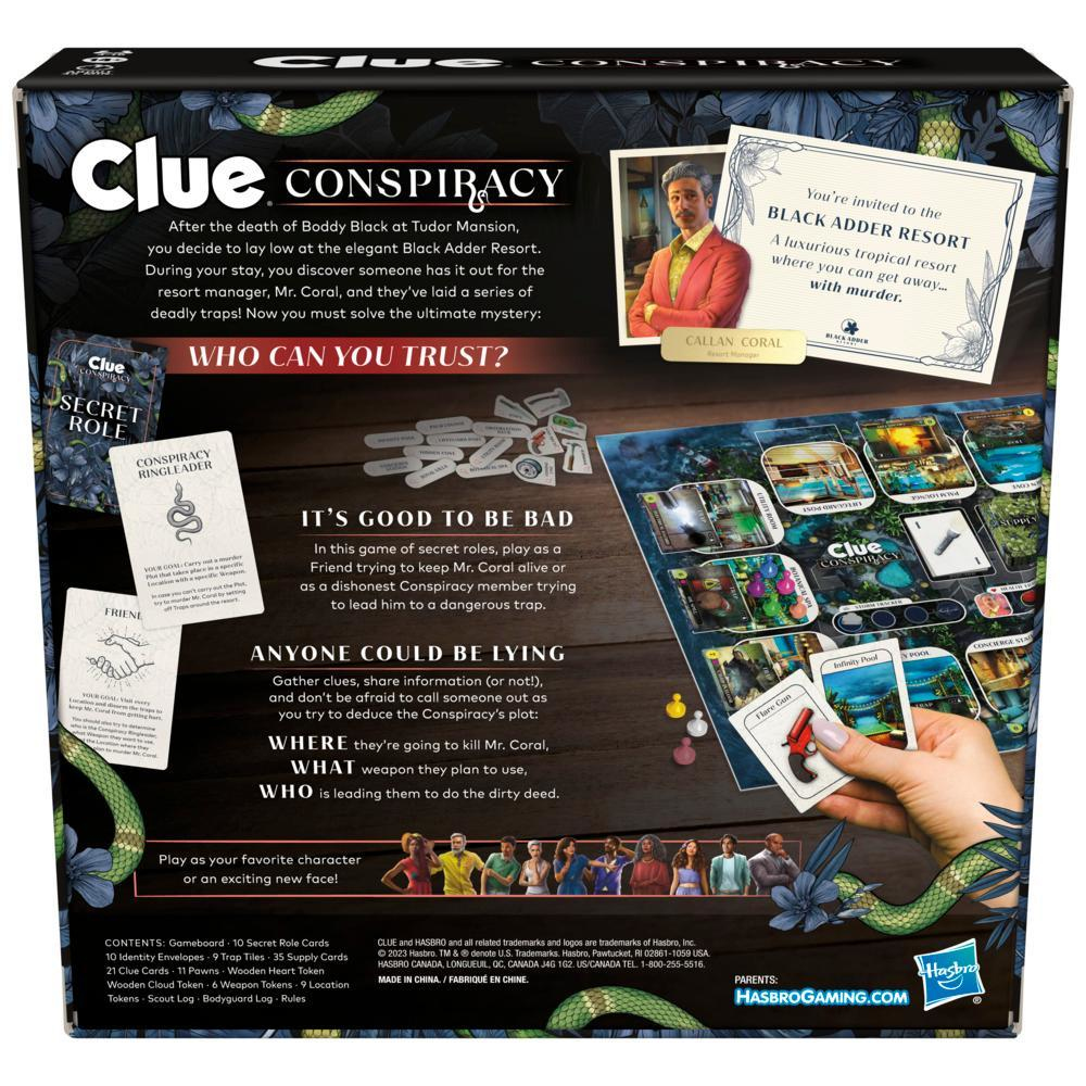 Clue Conspiracy Brettspielbox-Rückseite. Text und Bilder über das Spiel. Bilder: Karten, Charaktere, tropische Umgebung.