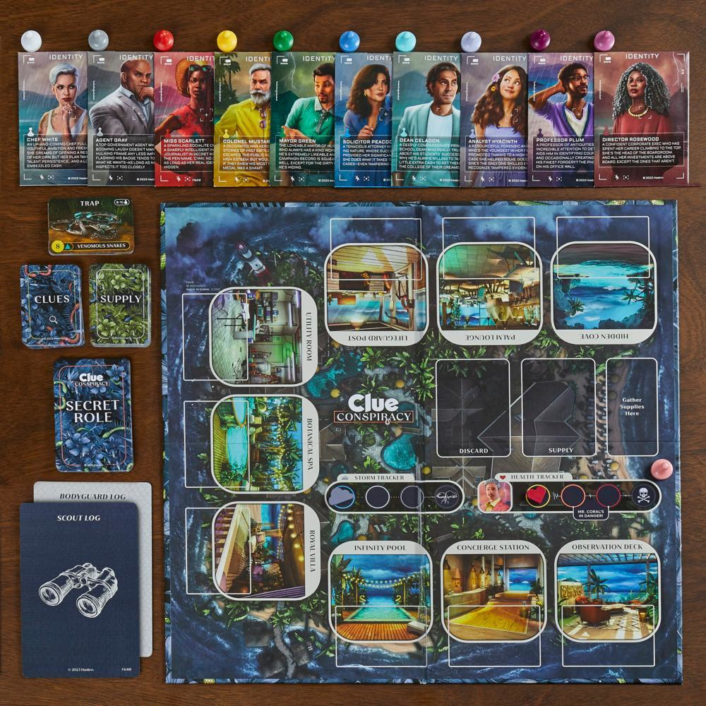 Clue-Brettspiel mit Karten und Charakterkarten. Spieler um das Brett. Bunte Spielsteine und Brettspielteile.