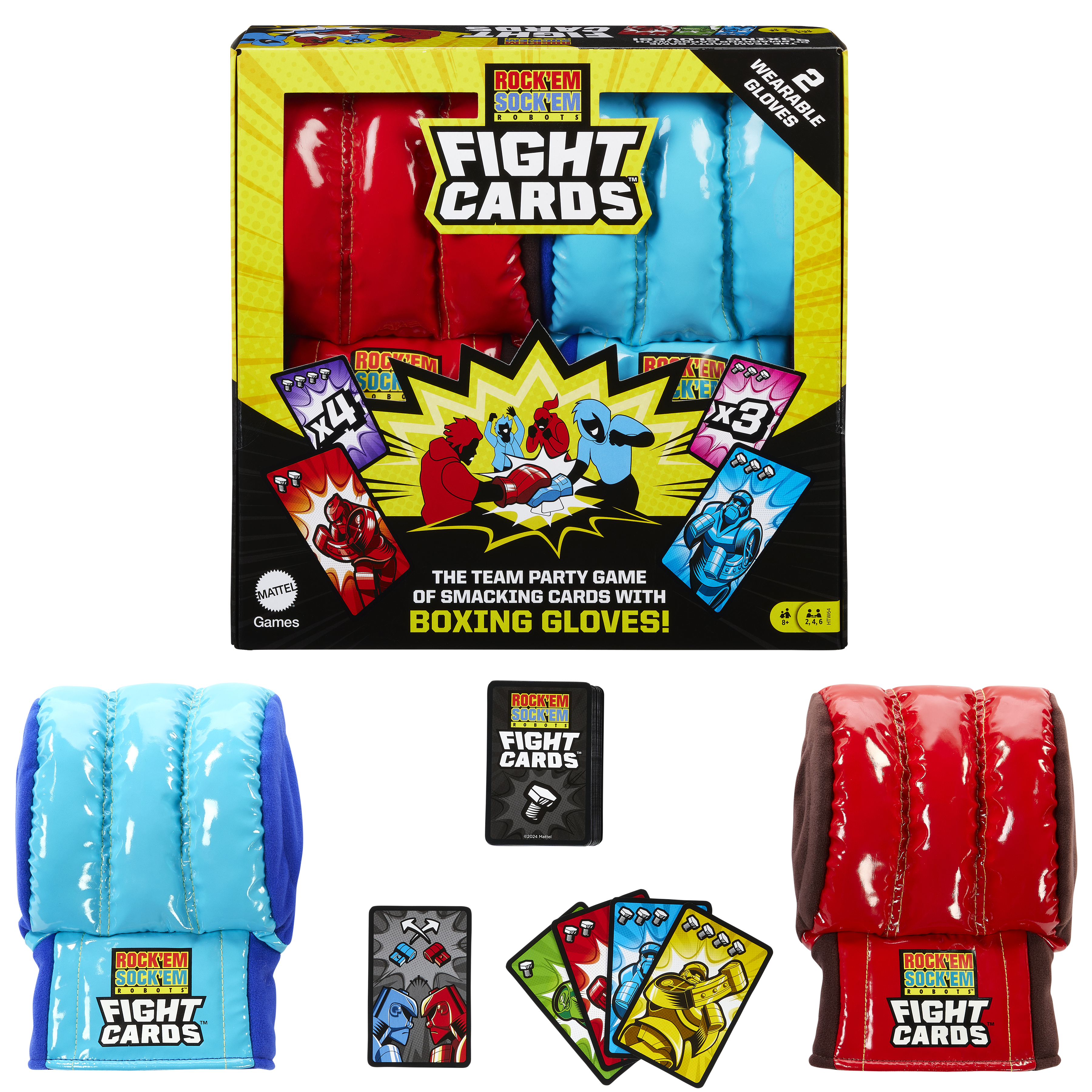 Una caja de juego, dos guantes de boxeo portátiles y algunas cartas están en exhibición.