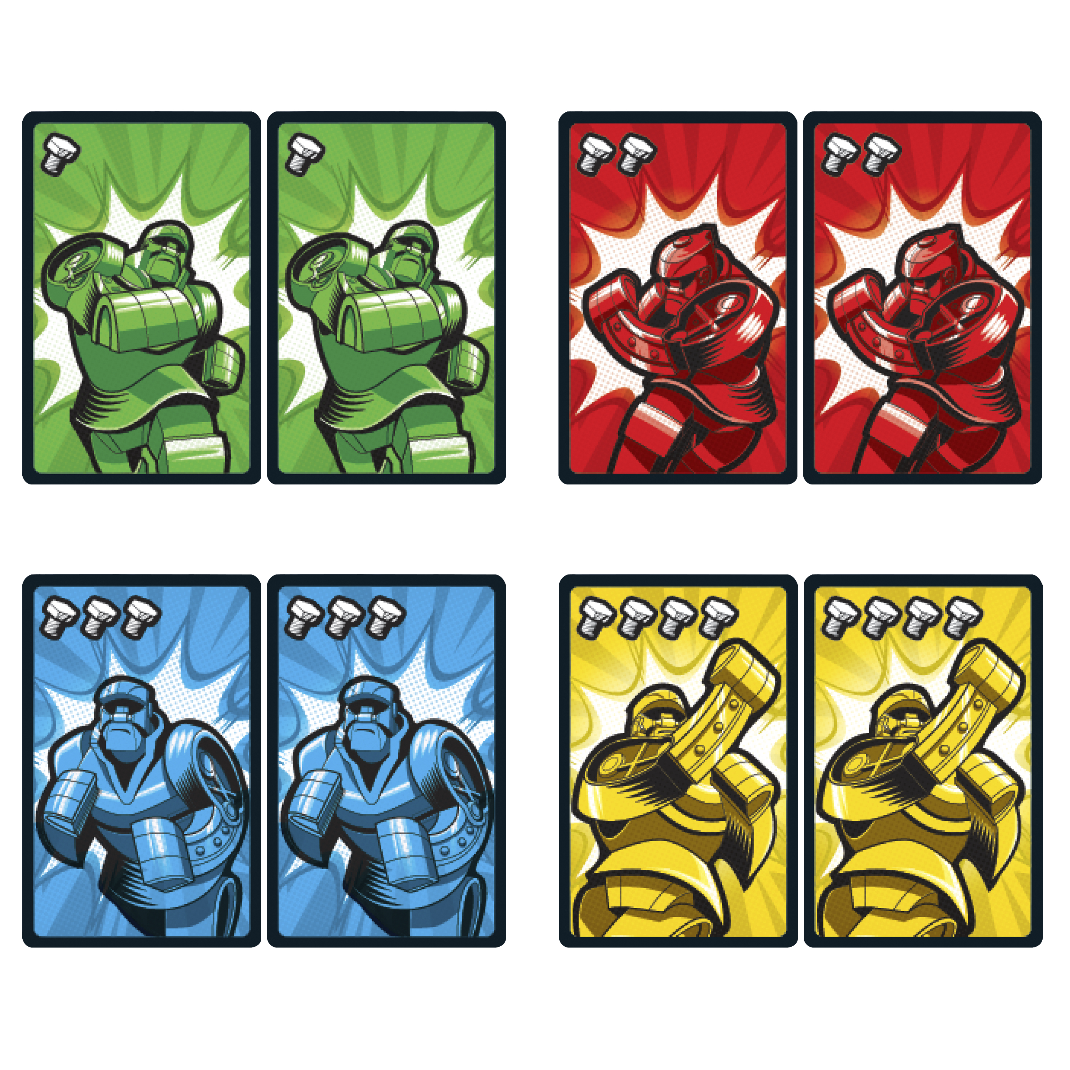 Cuatro cartas con figuras de robots de dibujos animados, dos conjuntos de cada color. Robots verdes, rojos, azules y amarillos.