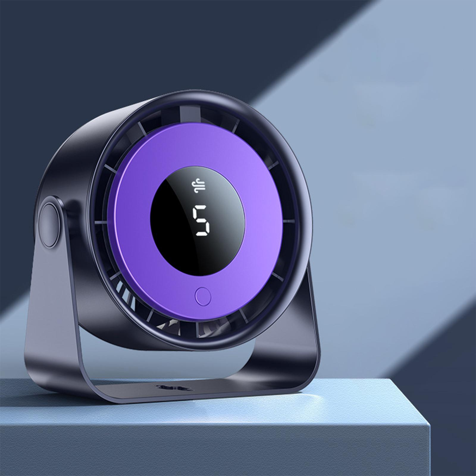 Schwarz-lila Ventilator mit Digitalanzeige '5'. Auf hellblauer Oberfläche.