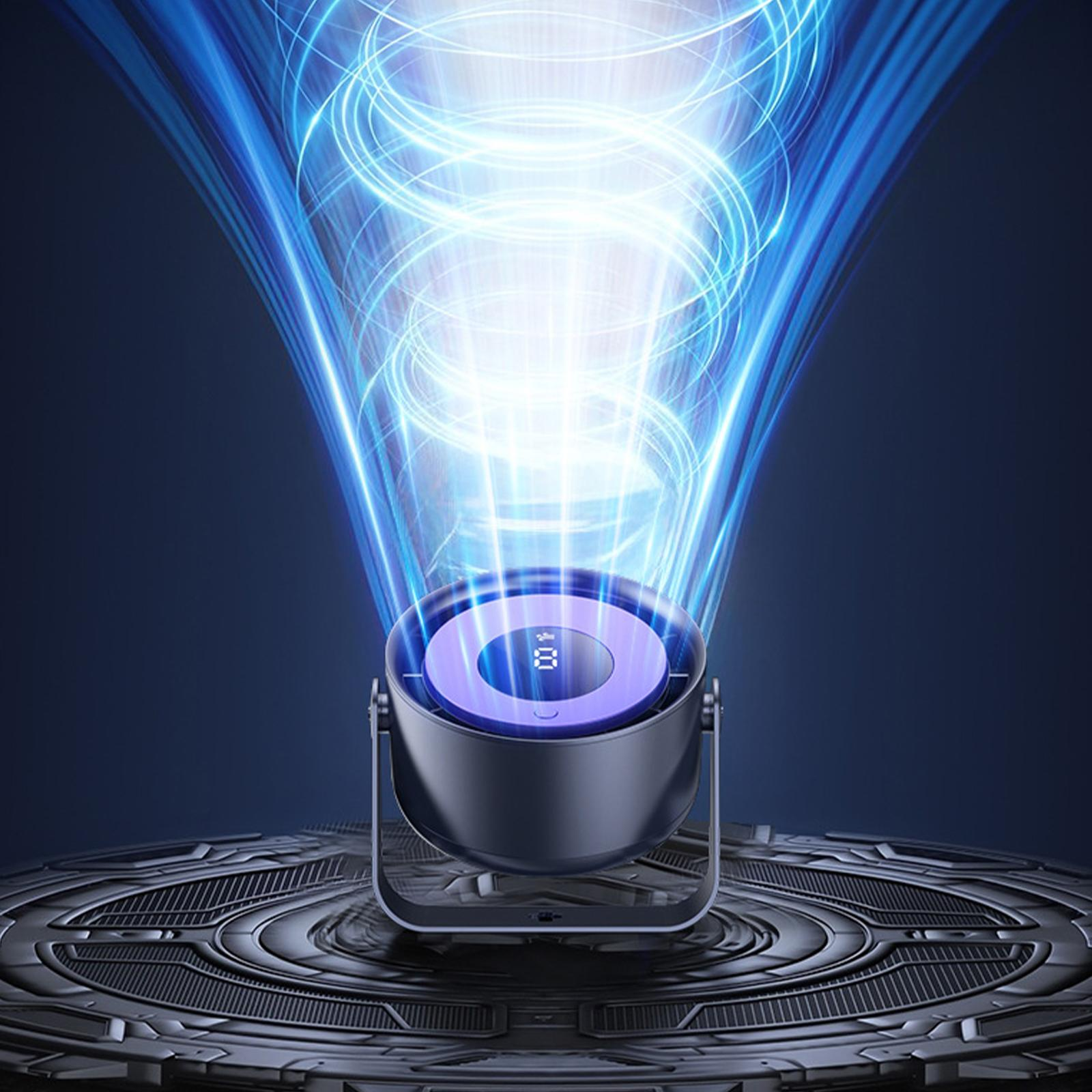 Schwarz-violetter Mückenschutzlüfter. Blaue Lichtwirbel um ihn herum. Digitalanzeige. Dunkler Hintergrund.