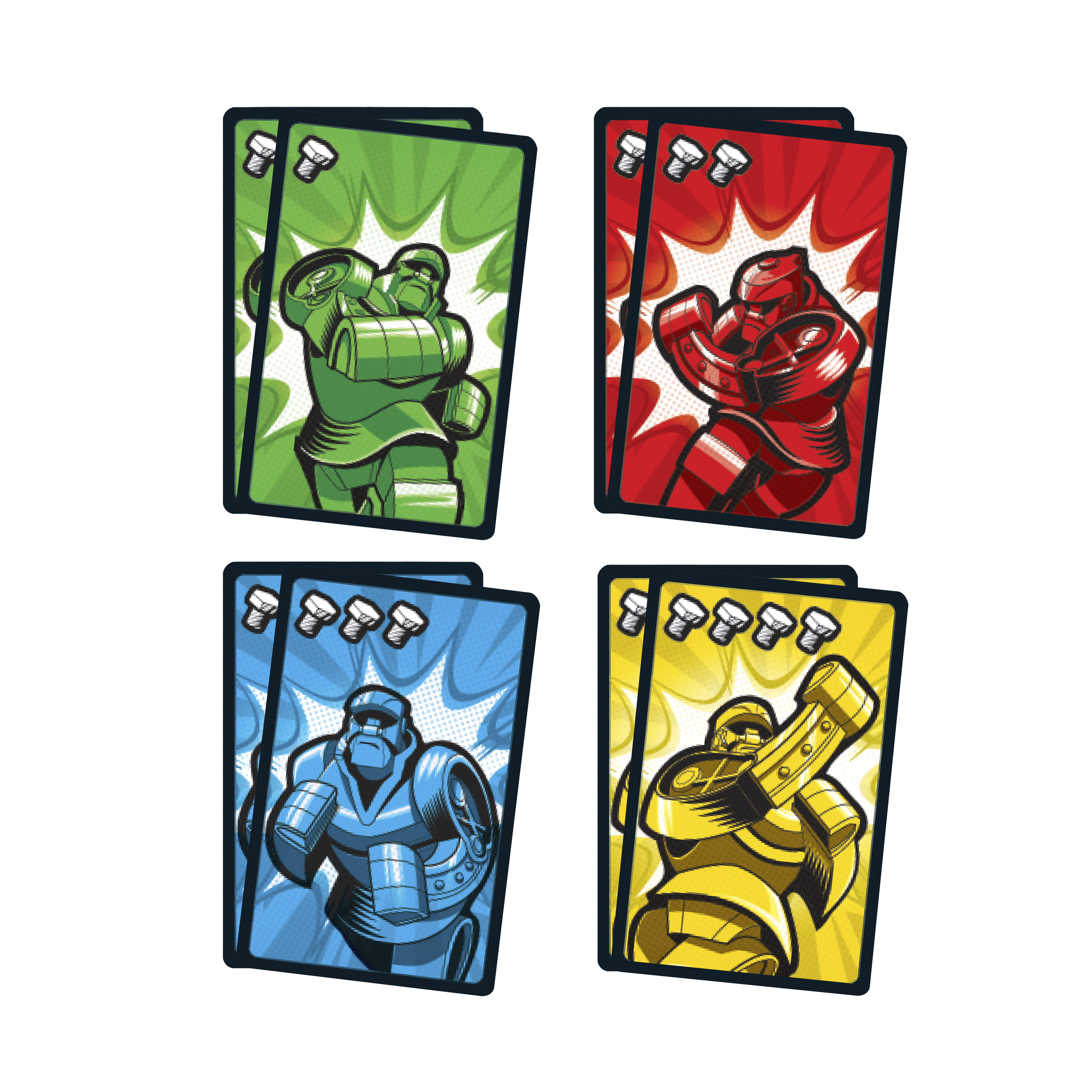 Cuatro cartas de robot en verde, rojo, azul y amarillo con el mismo diseño de robot en cada una.