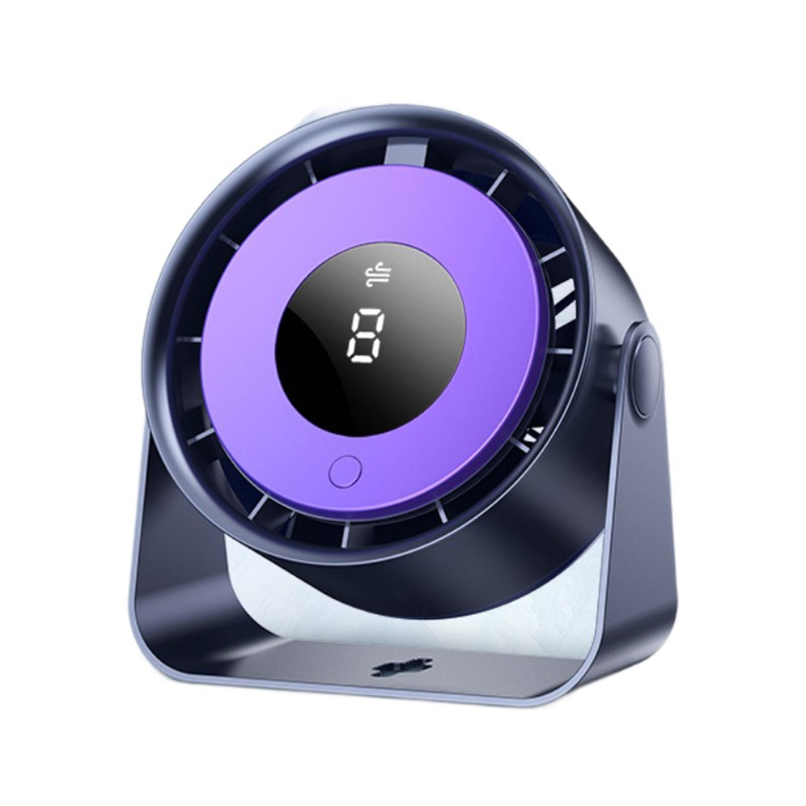 Schwarz-lila Ventilator mit Digitalanzeige '8'. Auf hellblauer Oberfläche.