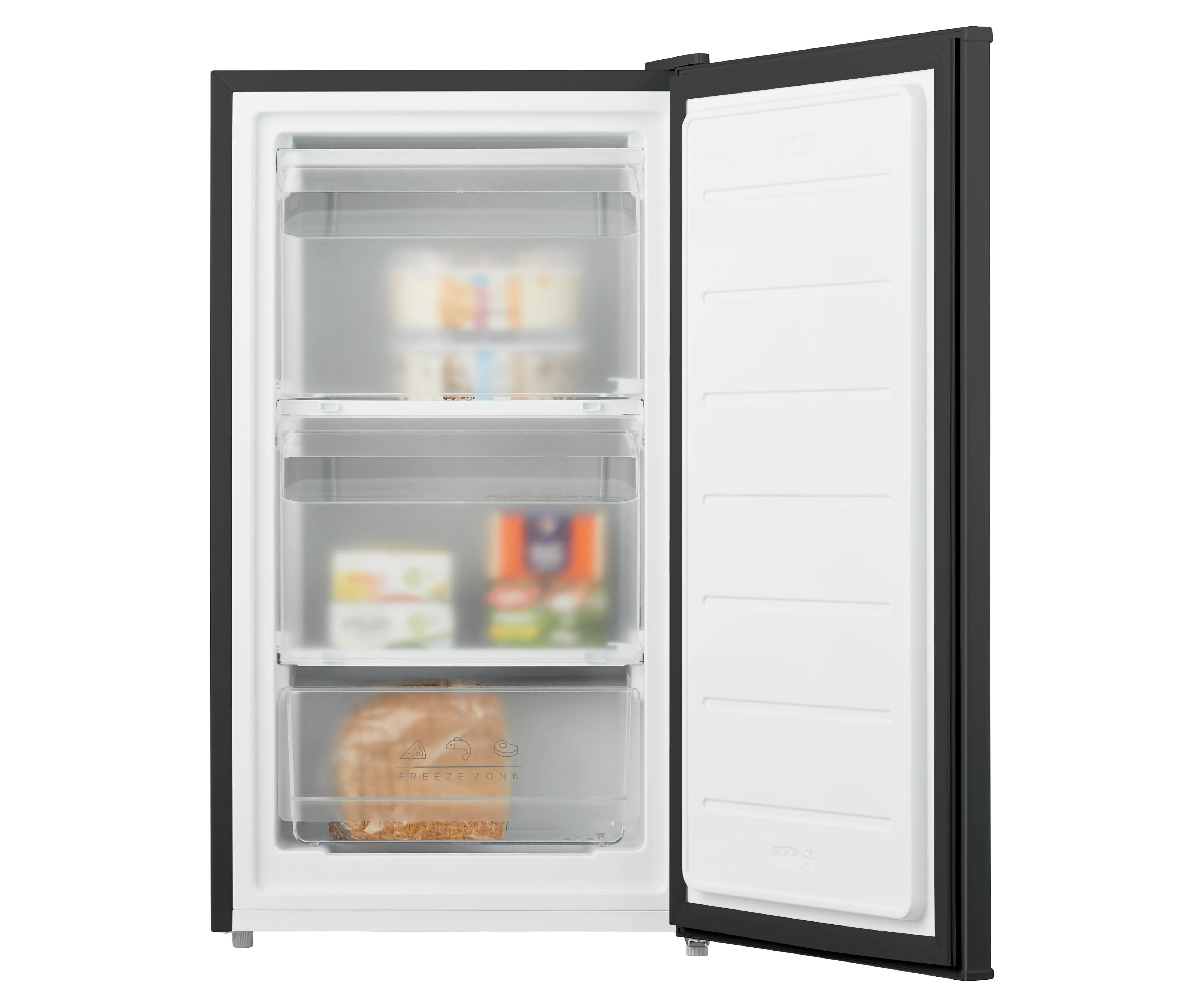 A refrigerator with the door open, showing shelves and drawers, with food inside.