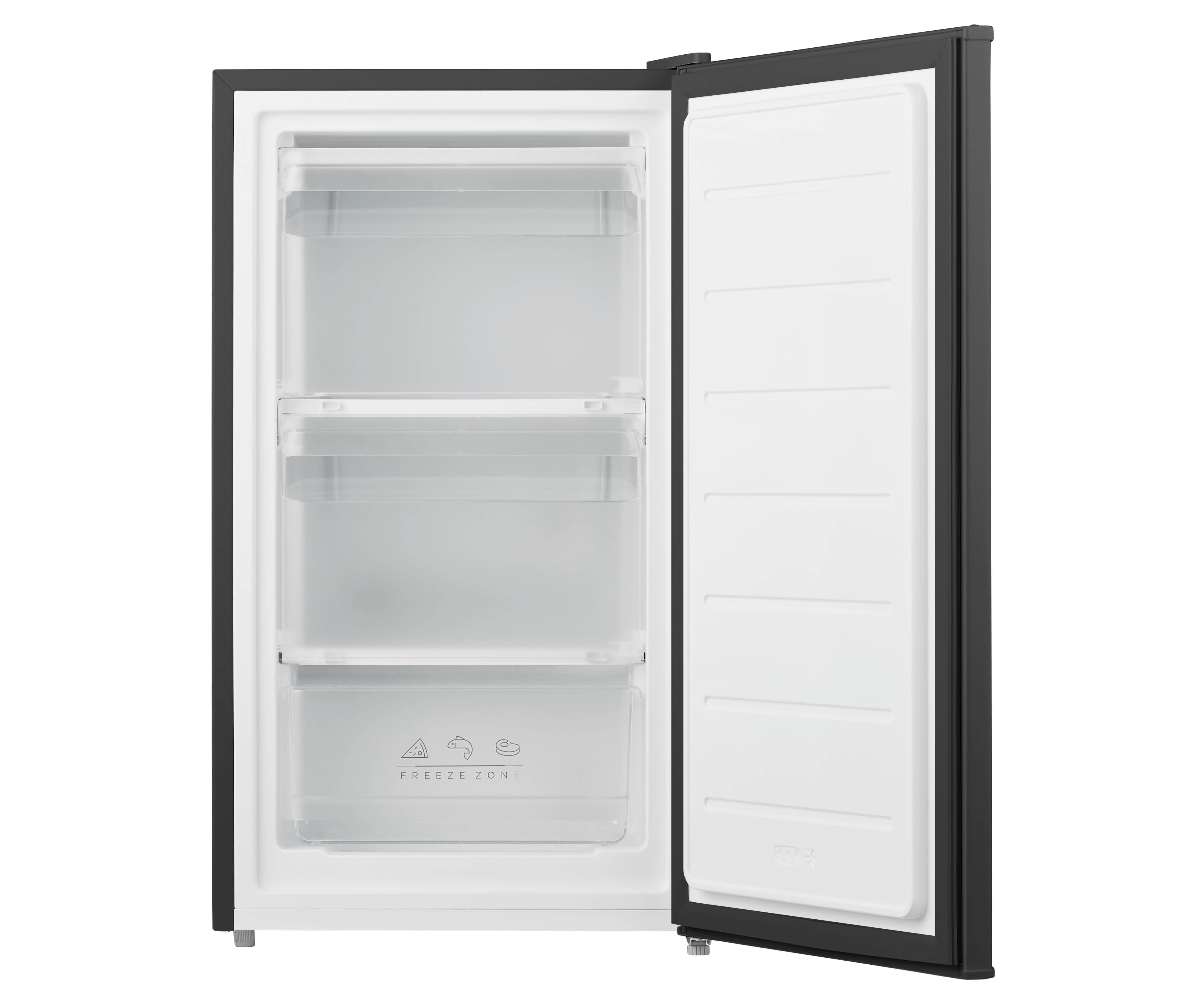 A black freezer with two shelves and a bottom drawer, door open, inside is white.