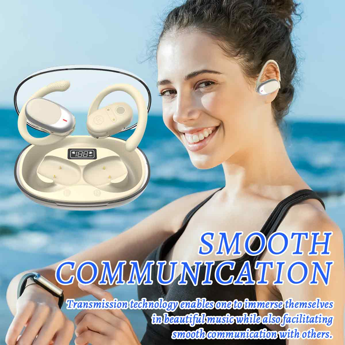 Frau mit Ohrhörern, neben dem Ladecase, lächelnd. Text: SMOOTH COMMUNICATION.