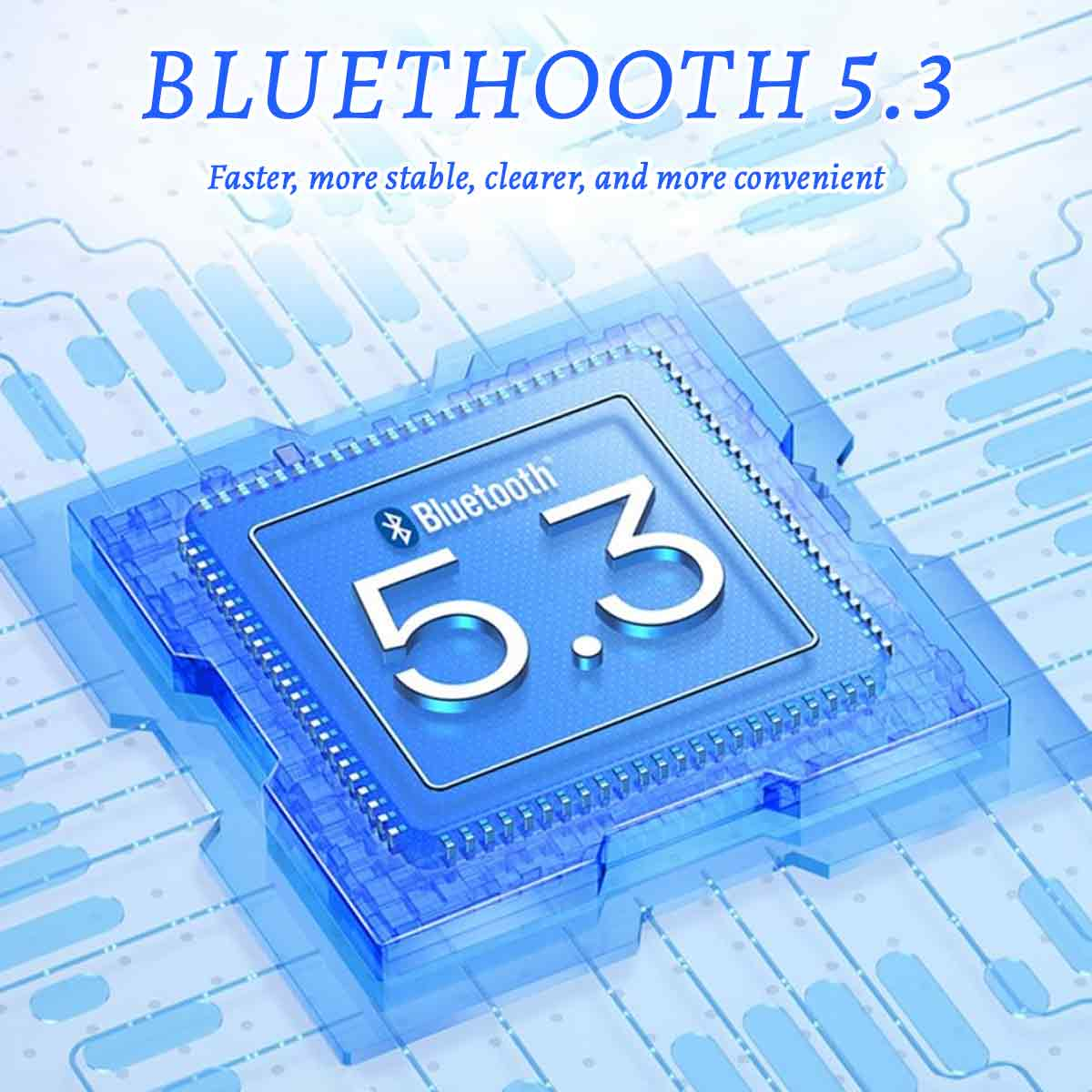 Blaue Platine mit Bluetooth 5.3 Text. Schneller, stabiler, klarer und bequemer geschrieben.