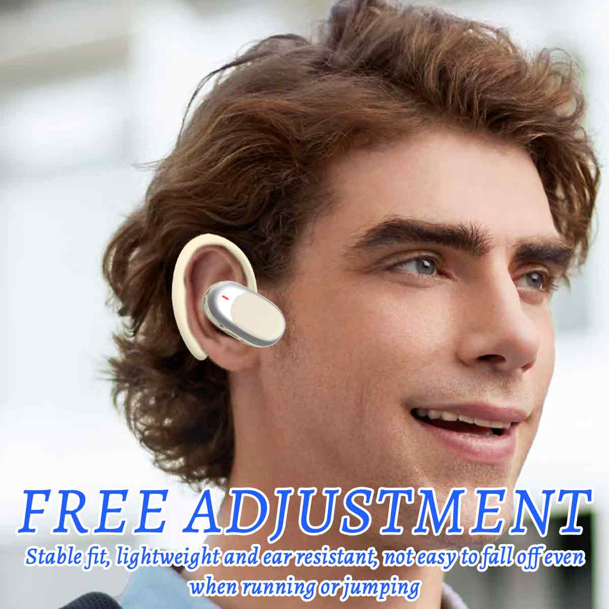 Ein Mann trägt einen Ohrhörer. Der Text lautet 'FREE ADJUSTMENT'.