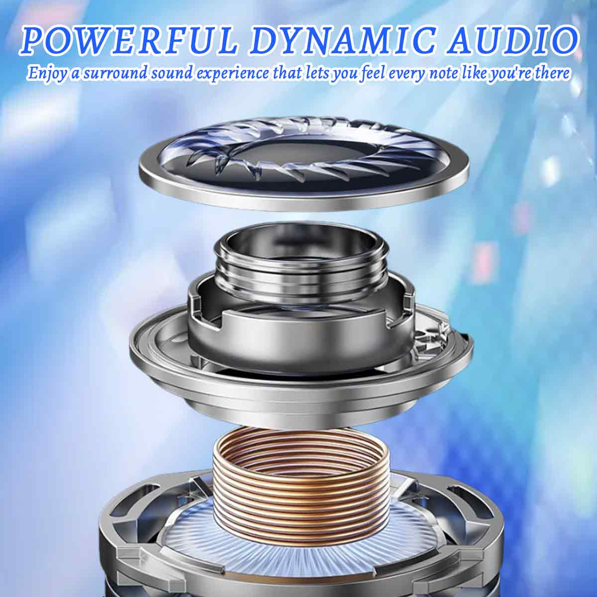 Explosionsansicht eines Ohrhörers mit Lautsprecher, Spule und oberer Komponente, mit dem Text 'Powerful Dynamic Audio'.
