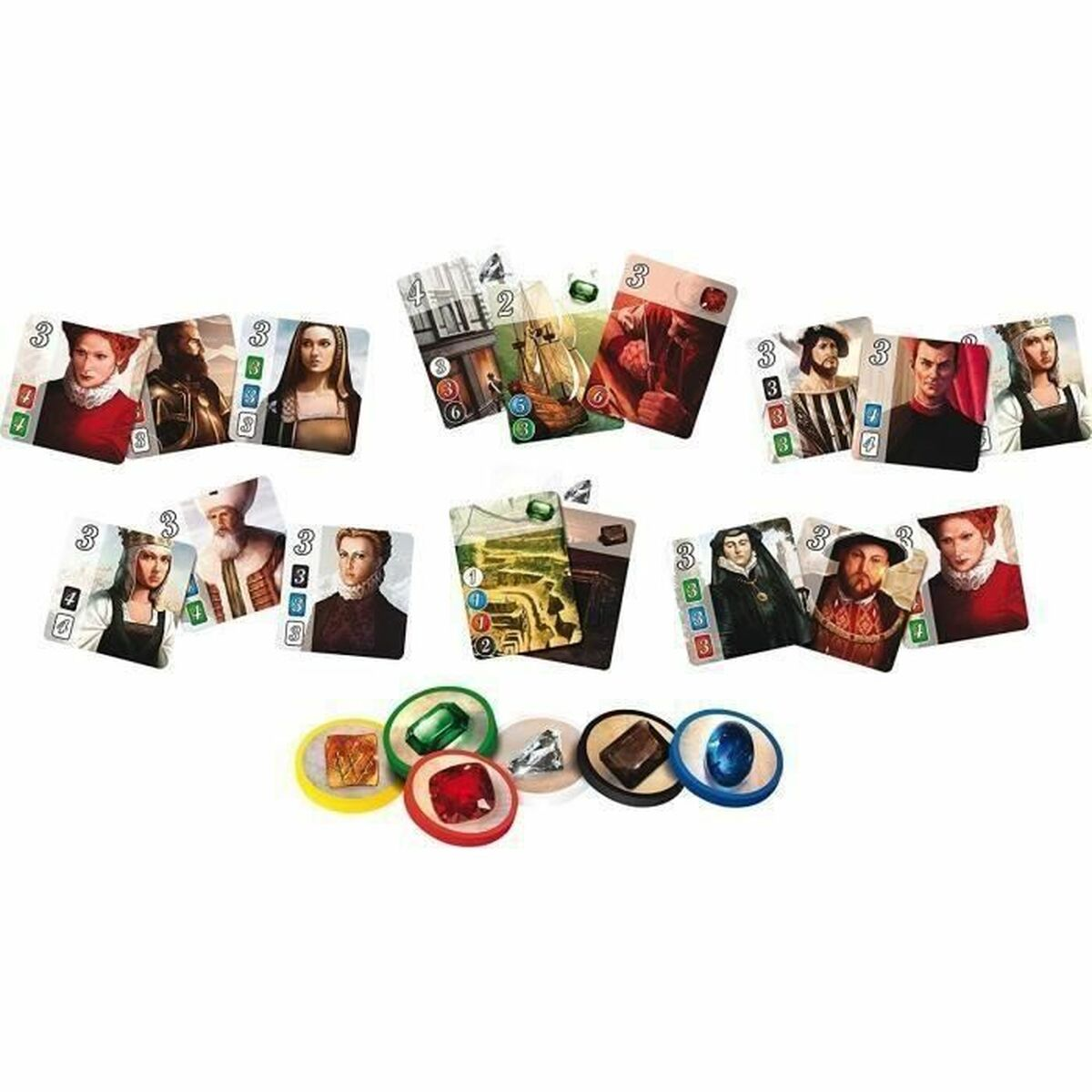 Gioco da tavolo con carte e gettoni. Le carte presentano ritratti. I gettoni sono colorati. La scena è su una superficie bianca.
