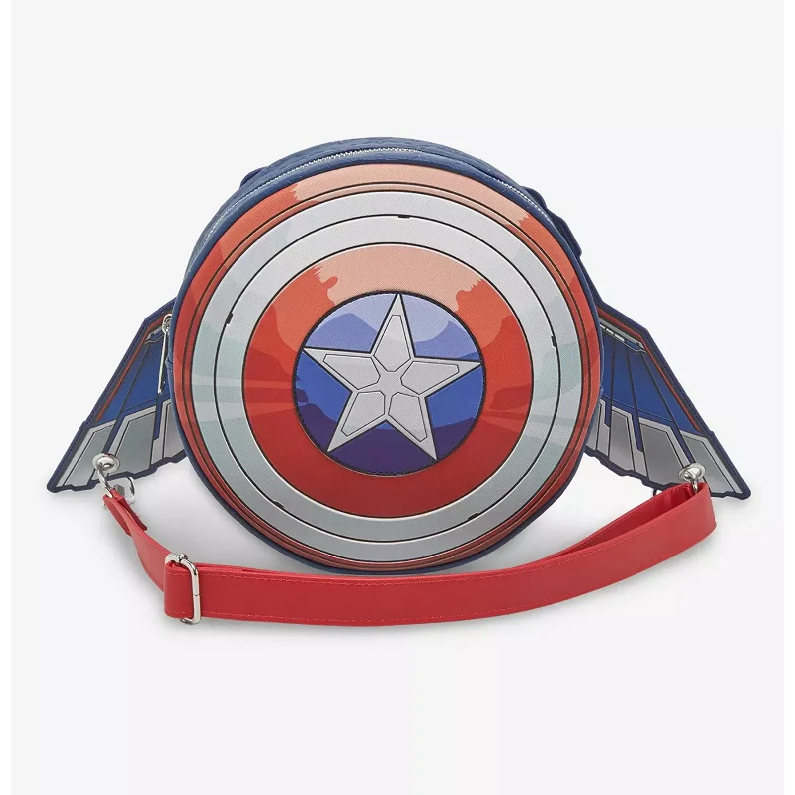 Eine Captain America-Schildförmige Tasche mit Flügeln, einem roten Riemen und einem weißen Hintergrund.