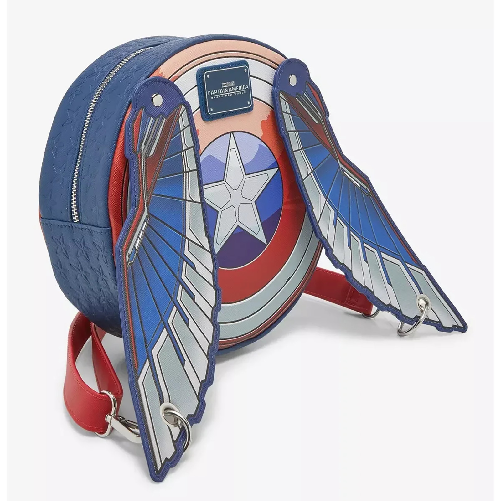 Captain America Schild Rucksack mit Flügeln. Rotes und blaues Farbschema. Vorderansicht auf weißem Hintergrund.