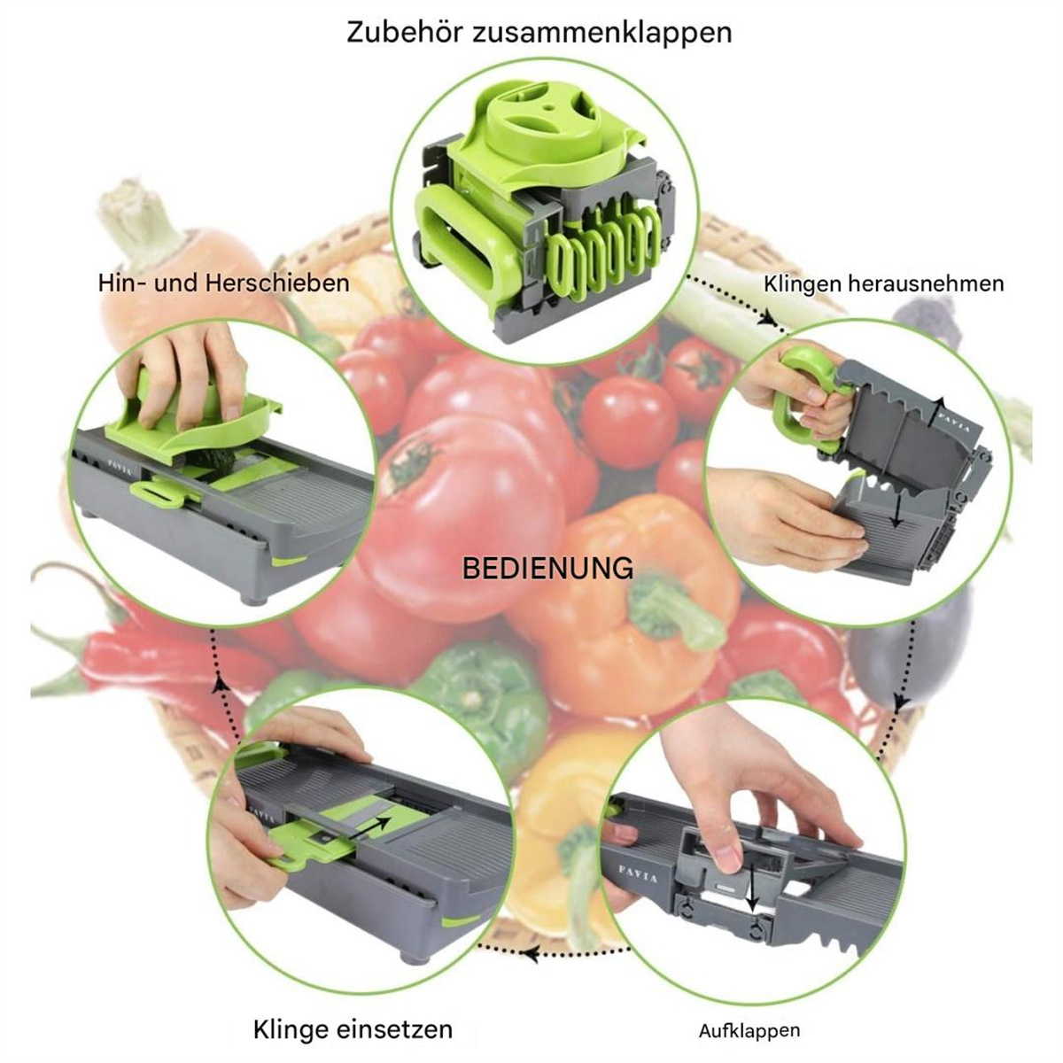 Ein grüner und grauer Gemüseschneider mit verschiedenen Teilen und Gemüse. Anweisungen sind um den Schneider herum abgebildet.