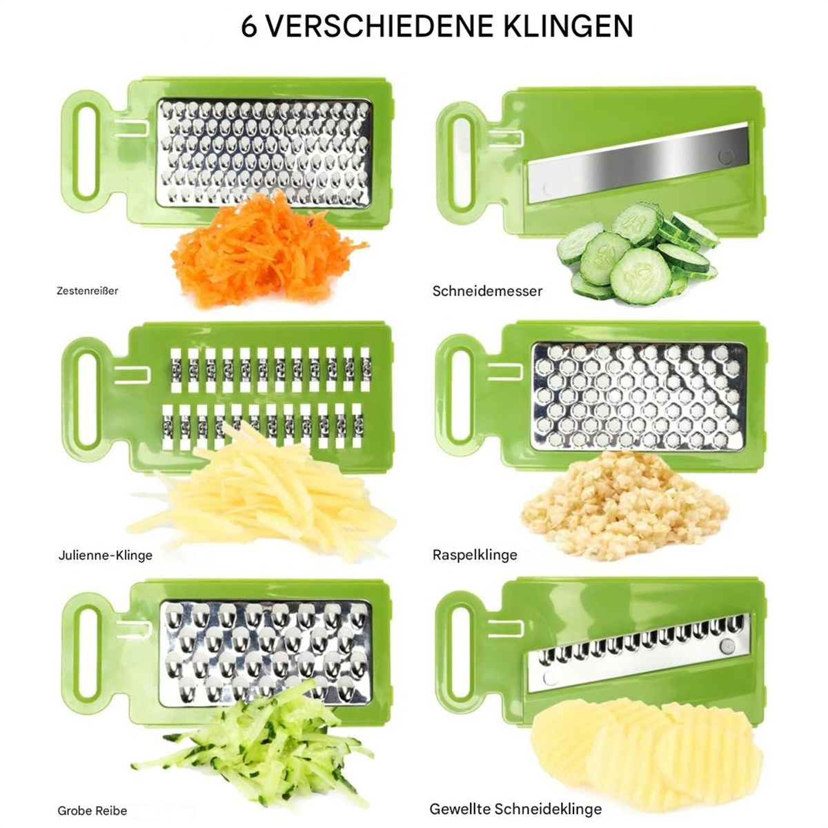 Grüner Reibe mit sechs verschiedenen Klingen, und Lebensmittelbeispiele, für die Küche.