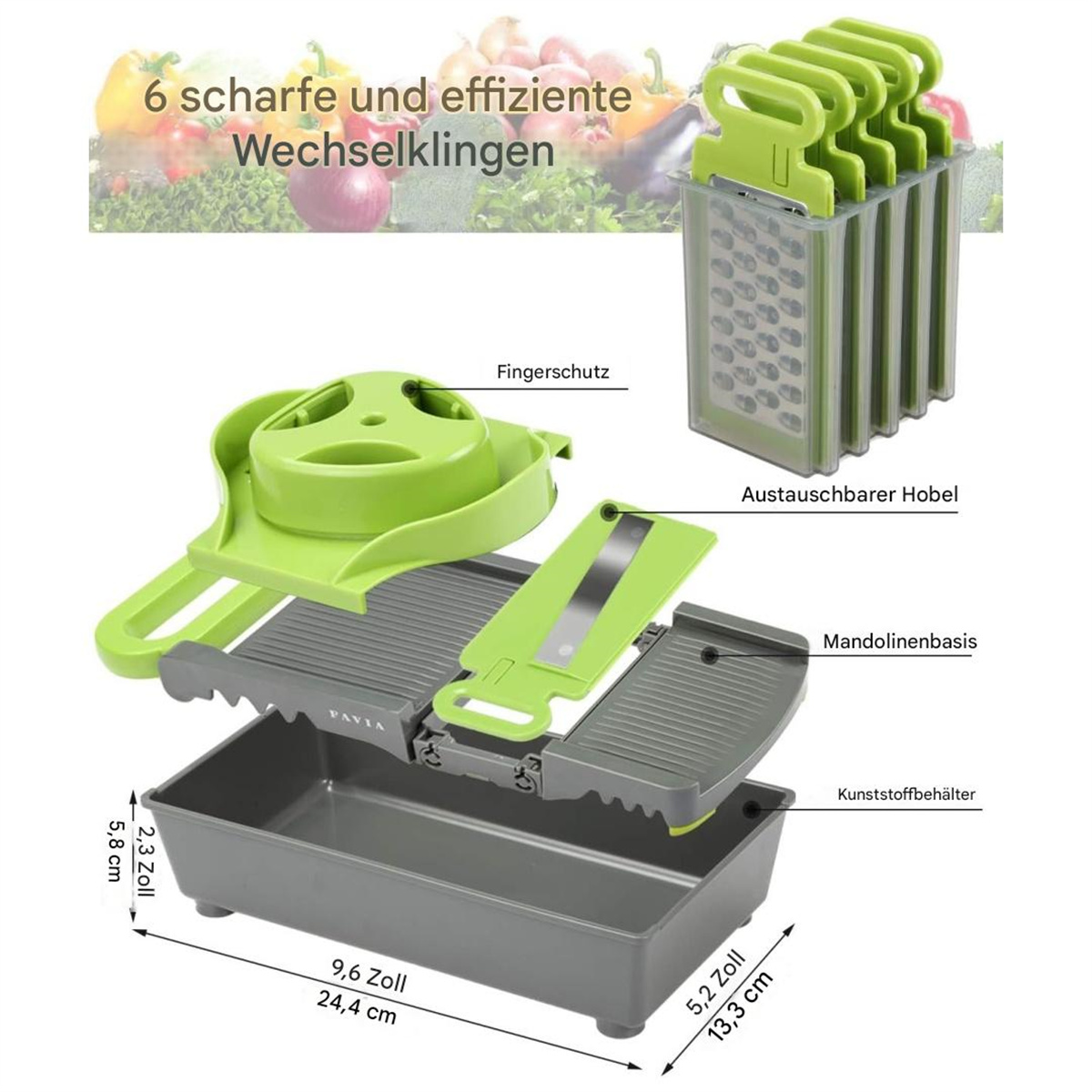 Ein zerlegter Gemüseschneider mit Abmessungen und einem Text auf Deutsch über die Klingen.