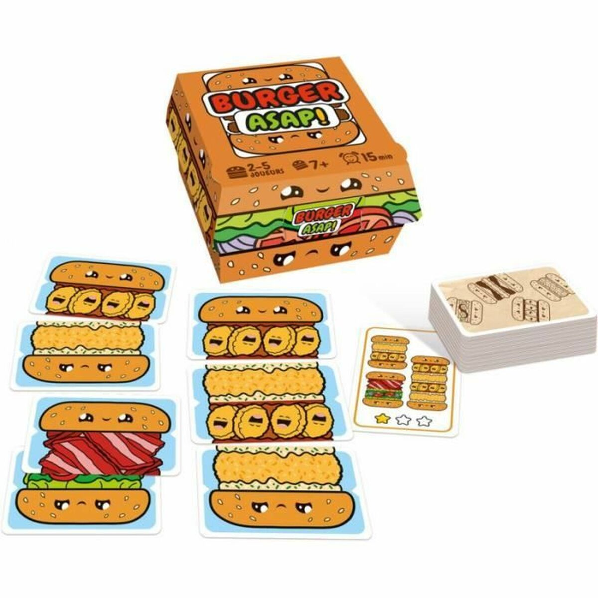 Burger ASAP! Brettspielschachtel und Karten. Enthält Bilder von Burgern und Zutaten.