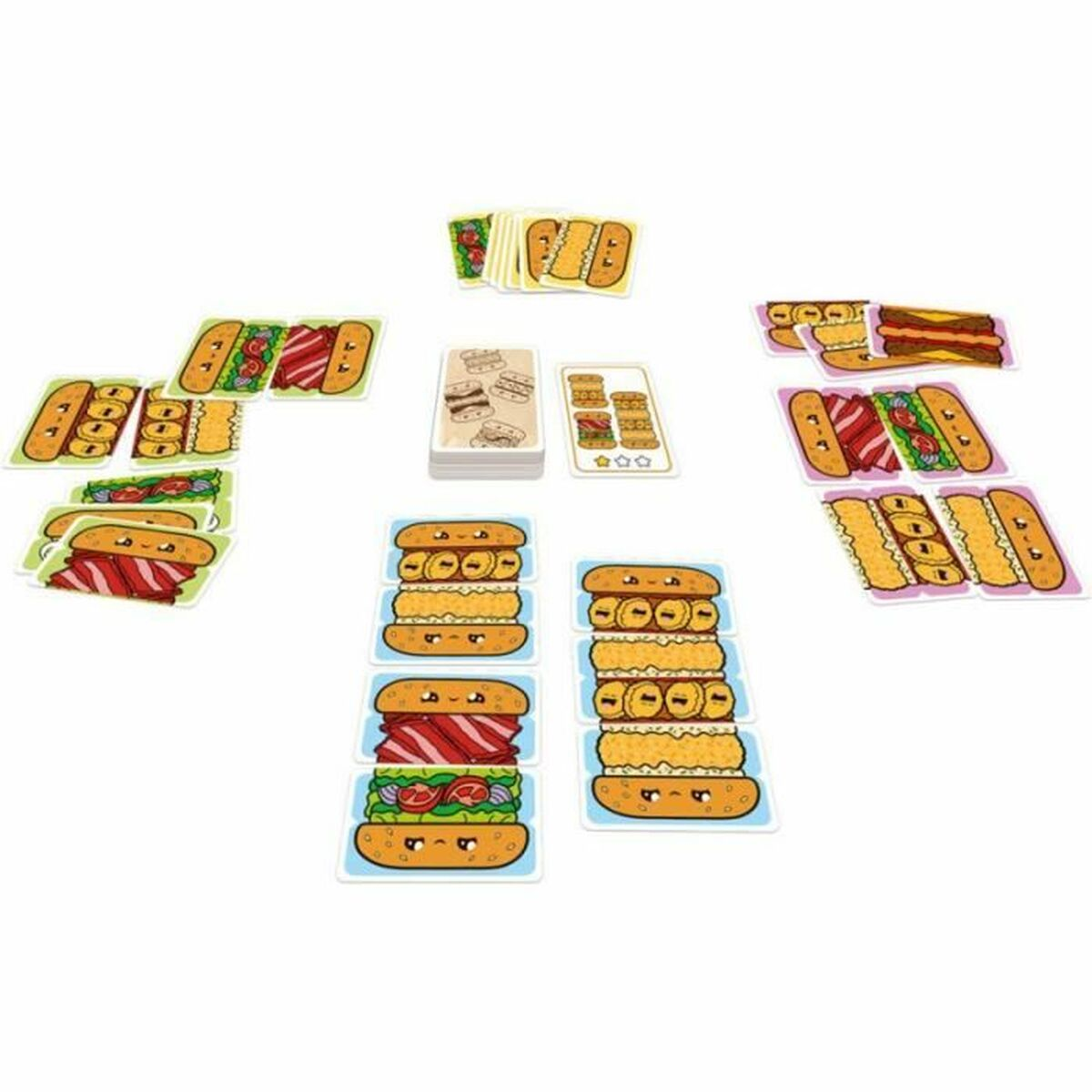 Sandwich-Kartenspiel. Karten mit Sandwiches sind ausgebreitet. Bunter Cartoon-Stil. Weißer Hintergrund.