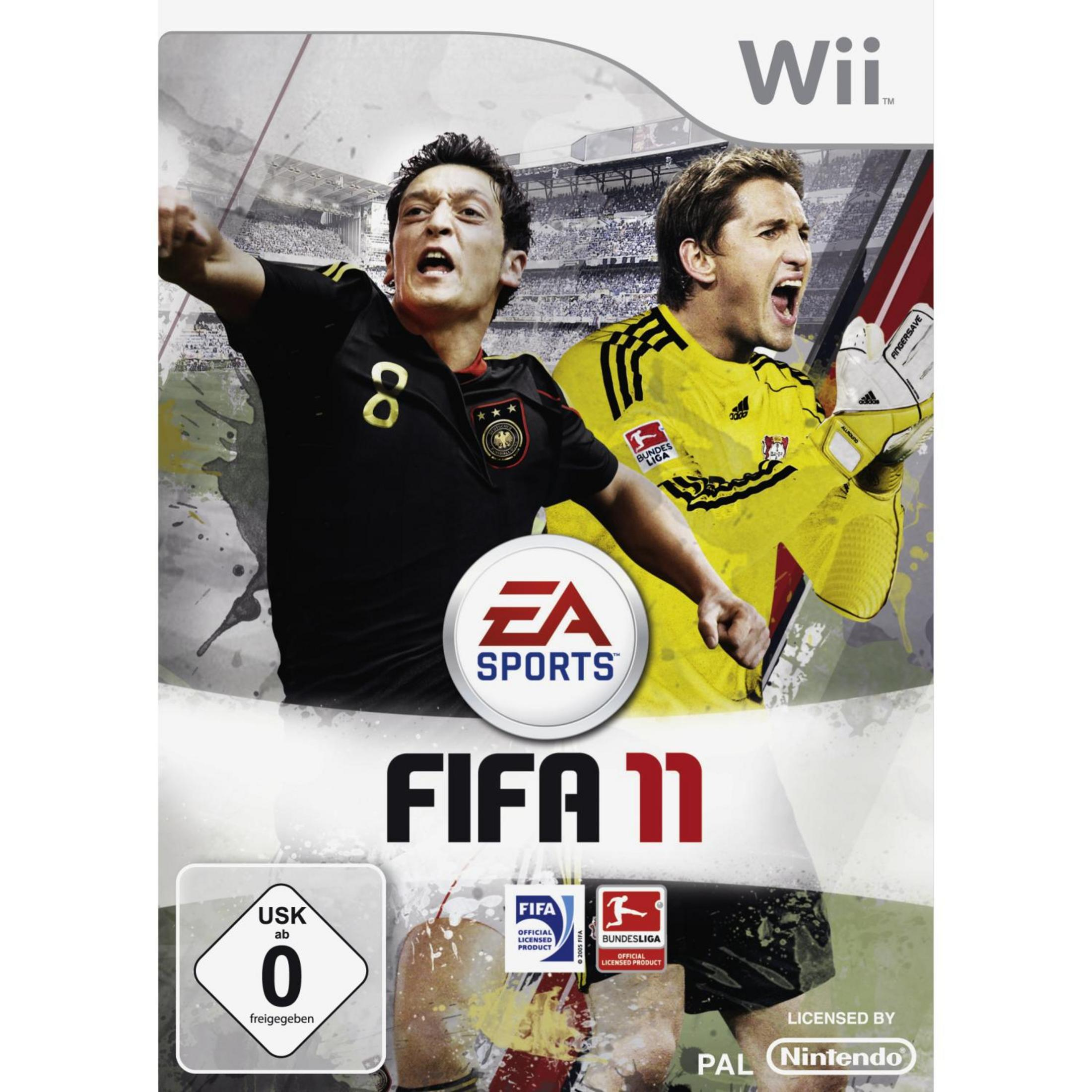 Custodia del gioco Wii per FIFA 11 con giocatori di calcio. Ha i loghi Wii e USK e i loghi FIFA e Bundesliga.
