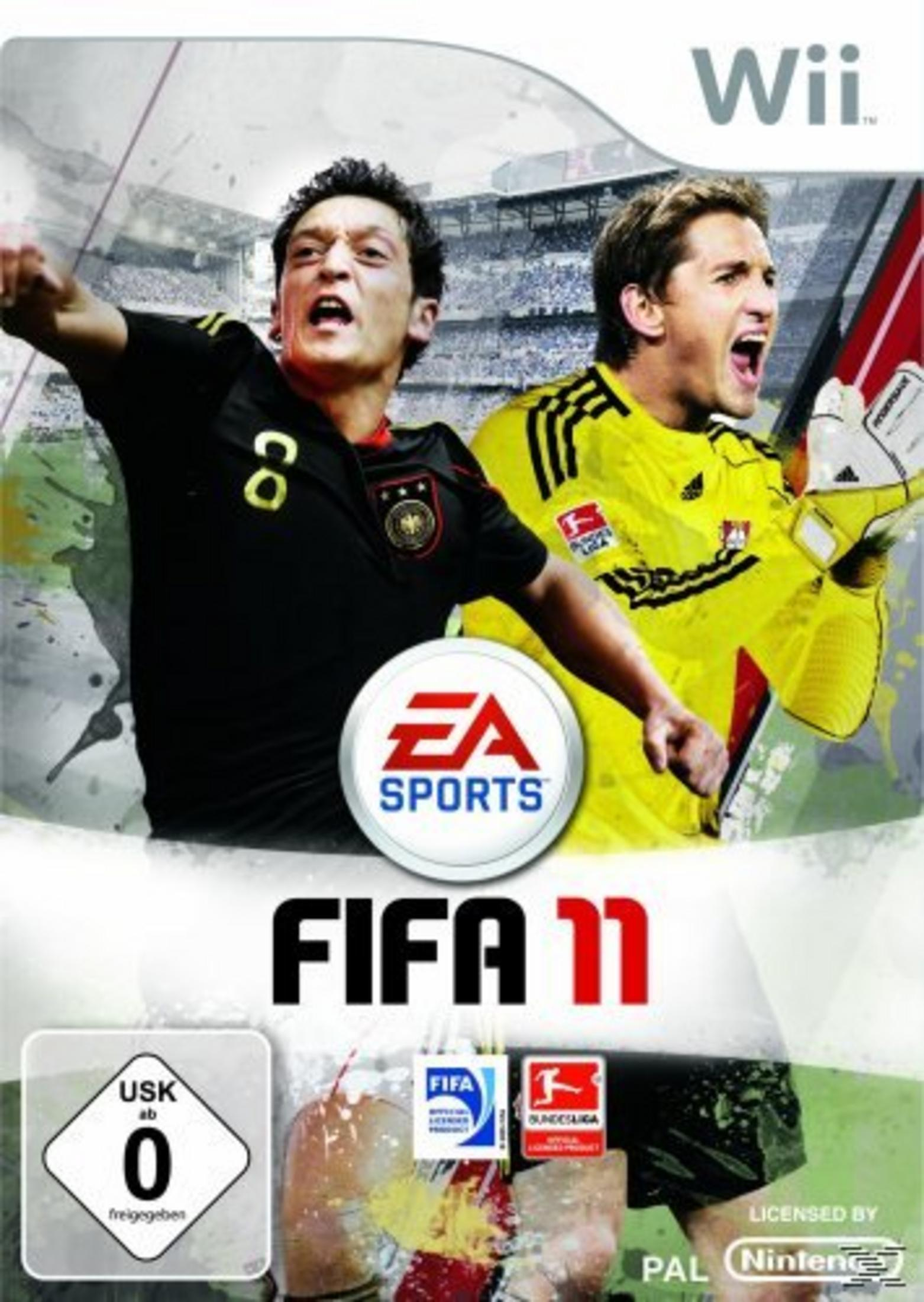 Scatola del gioco FIFA 11 per Wii. Giocatori di calcio sul fronte. Logo EA Sports. Classificazione USK 0.