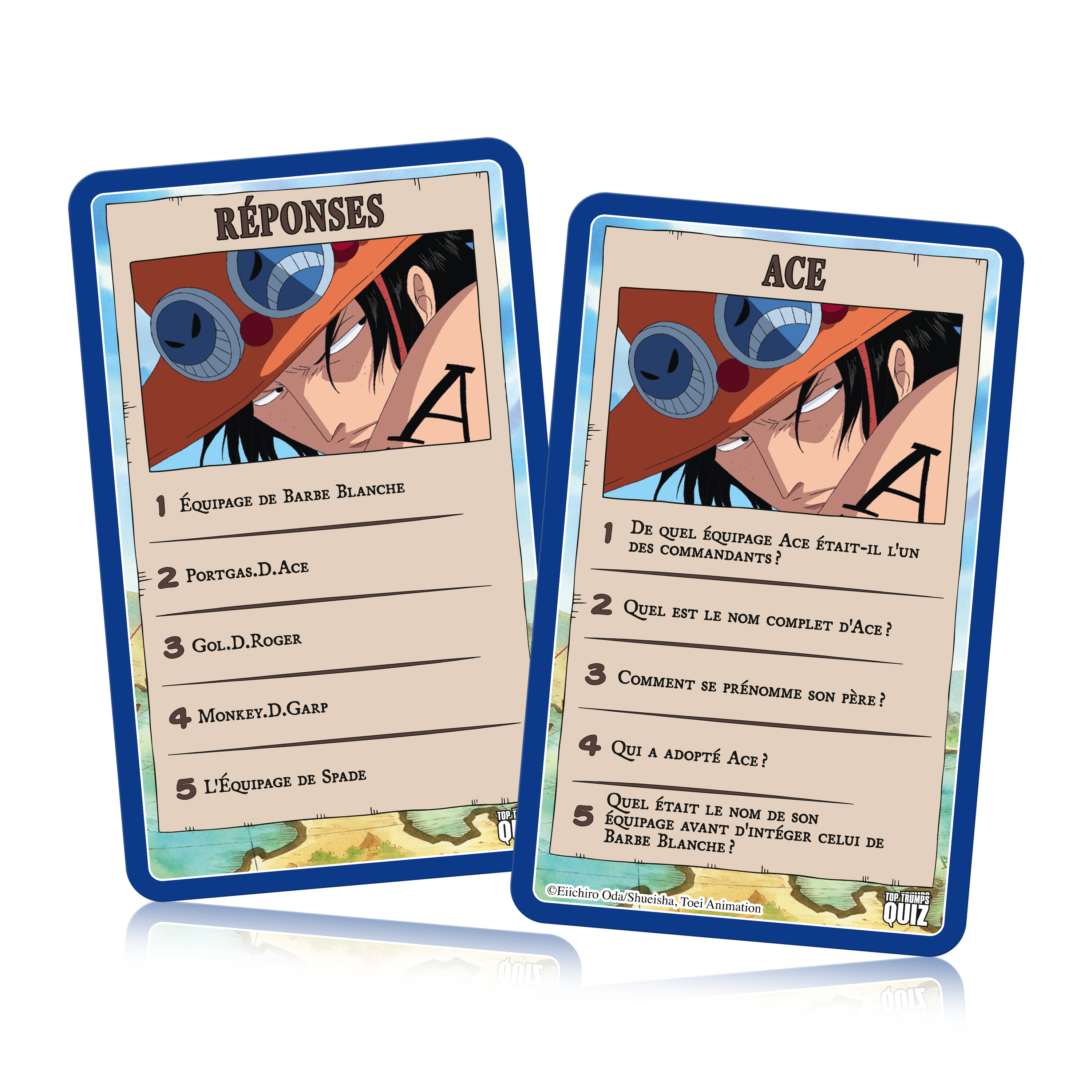 Zwei Karten mit One Piece-Charakteren und französischem Text. Die Karten sind blau mit weißem Text und Bildern.