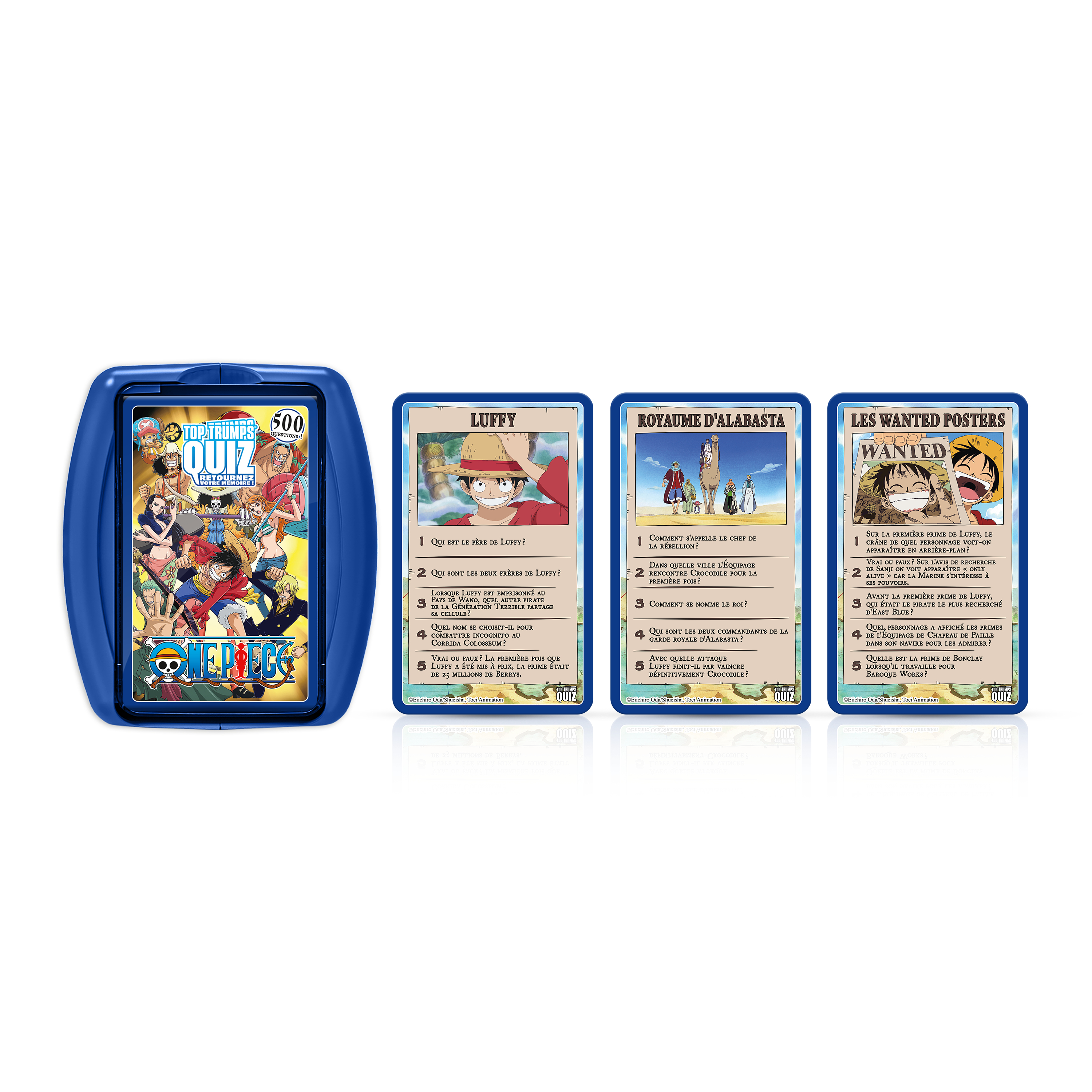 Blaue Box mit One Piece Quizkarten. Karten zeigen Charaktere, Fragen auf Französisch. Die Box ist geschlossen.