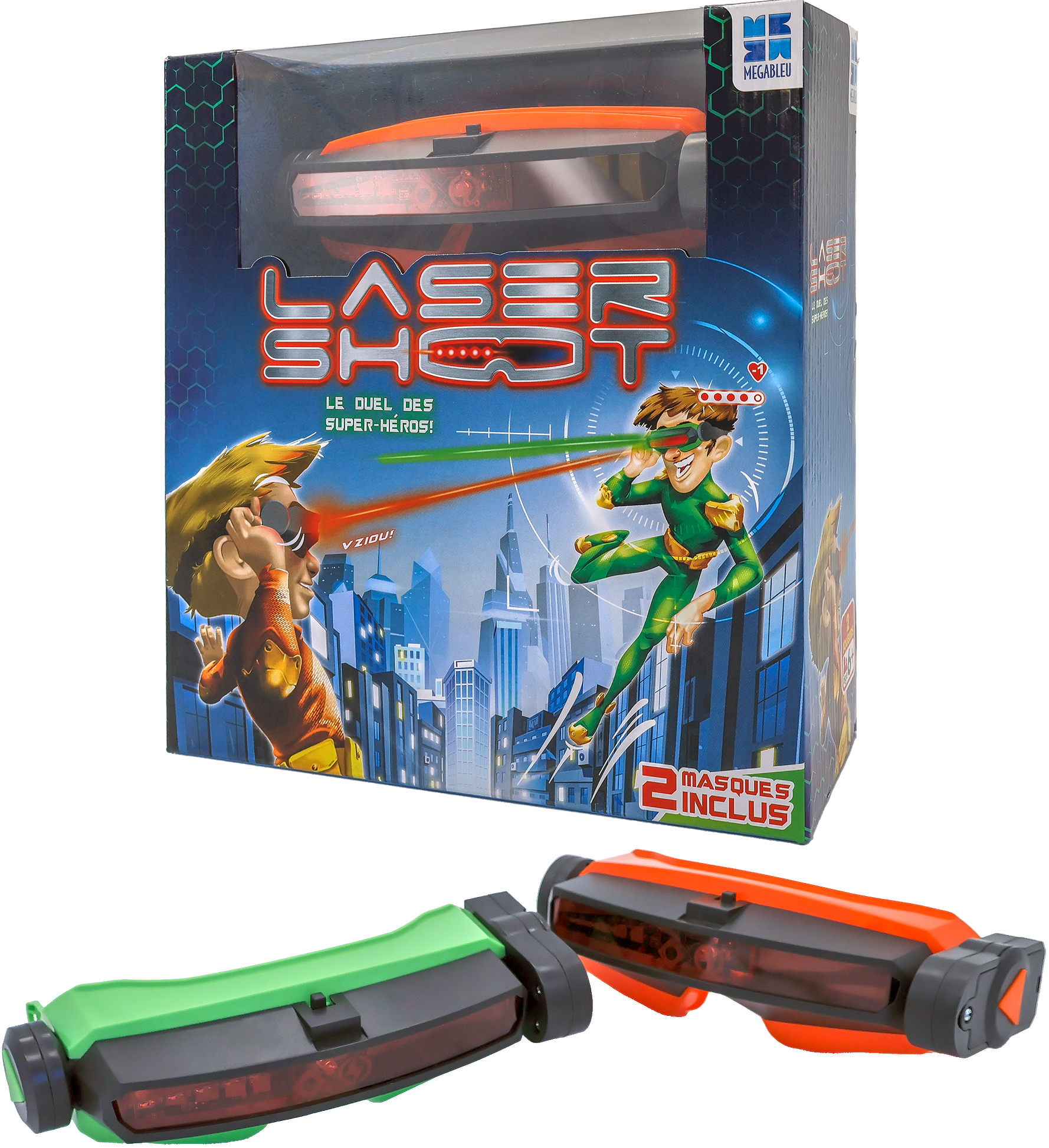 Pomarańczowy i zielony zestaw zabawek, pudełko i dwie zabawki. Pudełko ma ilustracje scen akcji superbohaterów i tekst.