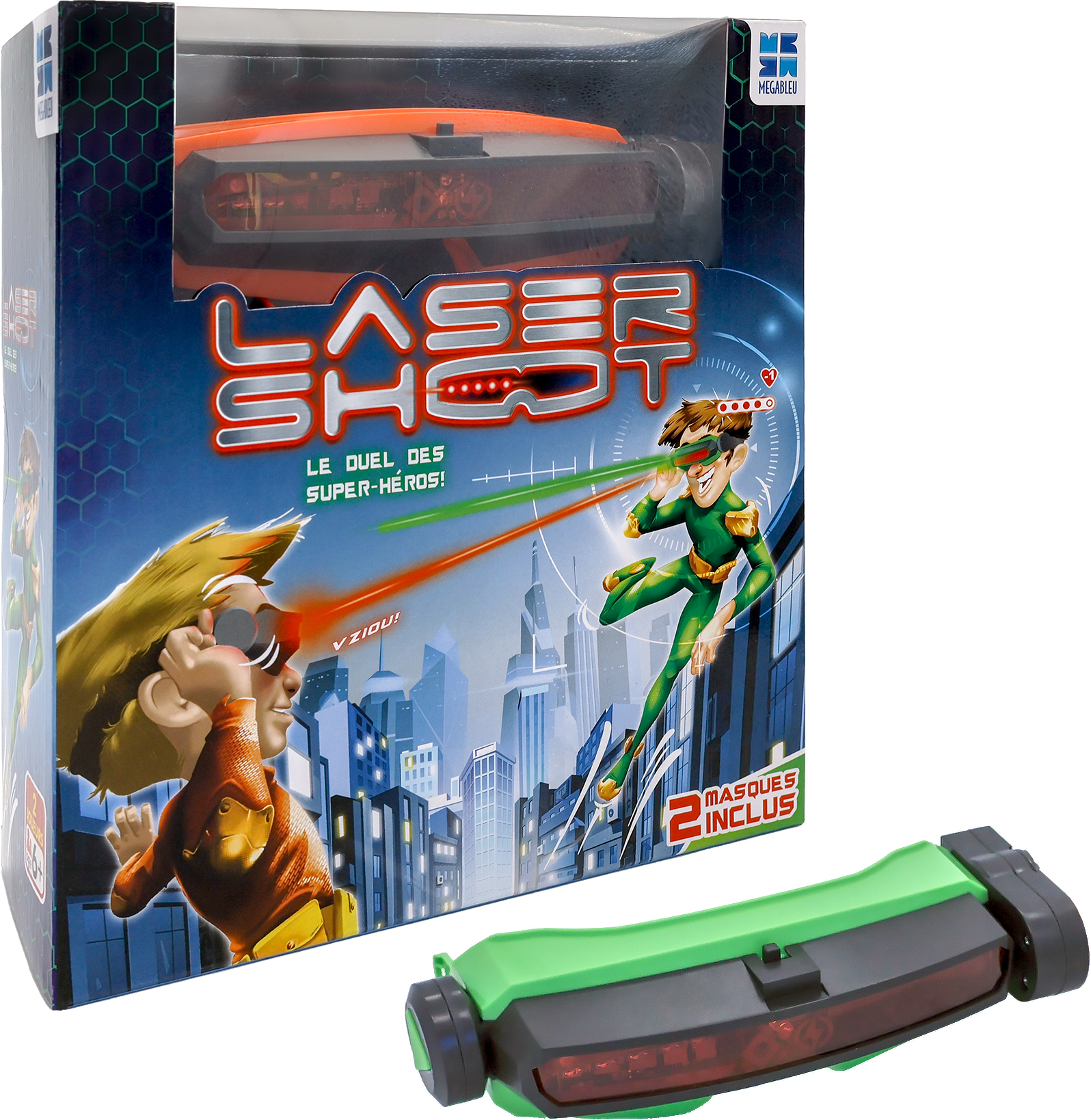 Pomarańczowy i zielony zestaw zabawek, pudełko i dwie zabawki. Pudełko ma ilustracje scen akcji superbohaterów i tekst.