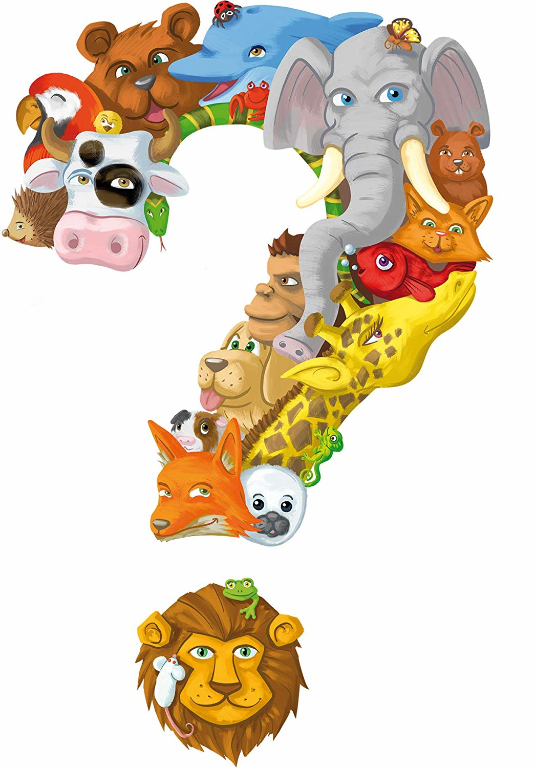 Un punto interrogativo composto da varie illustrazioni di animali su sfondo bianco.