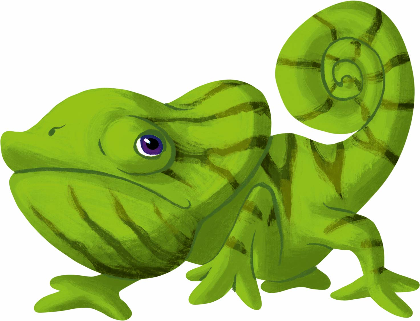 Illustrazione di camaleonte verde. Ha una coda arricciata e un occhio viola. Sfondo bianco.